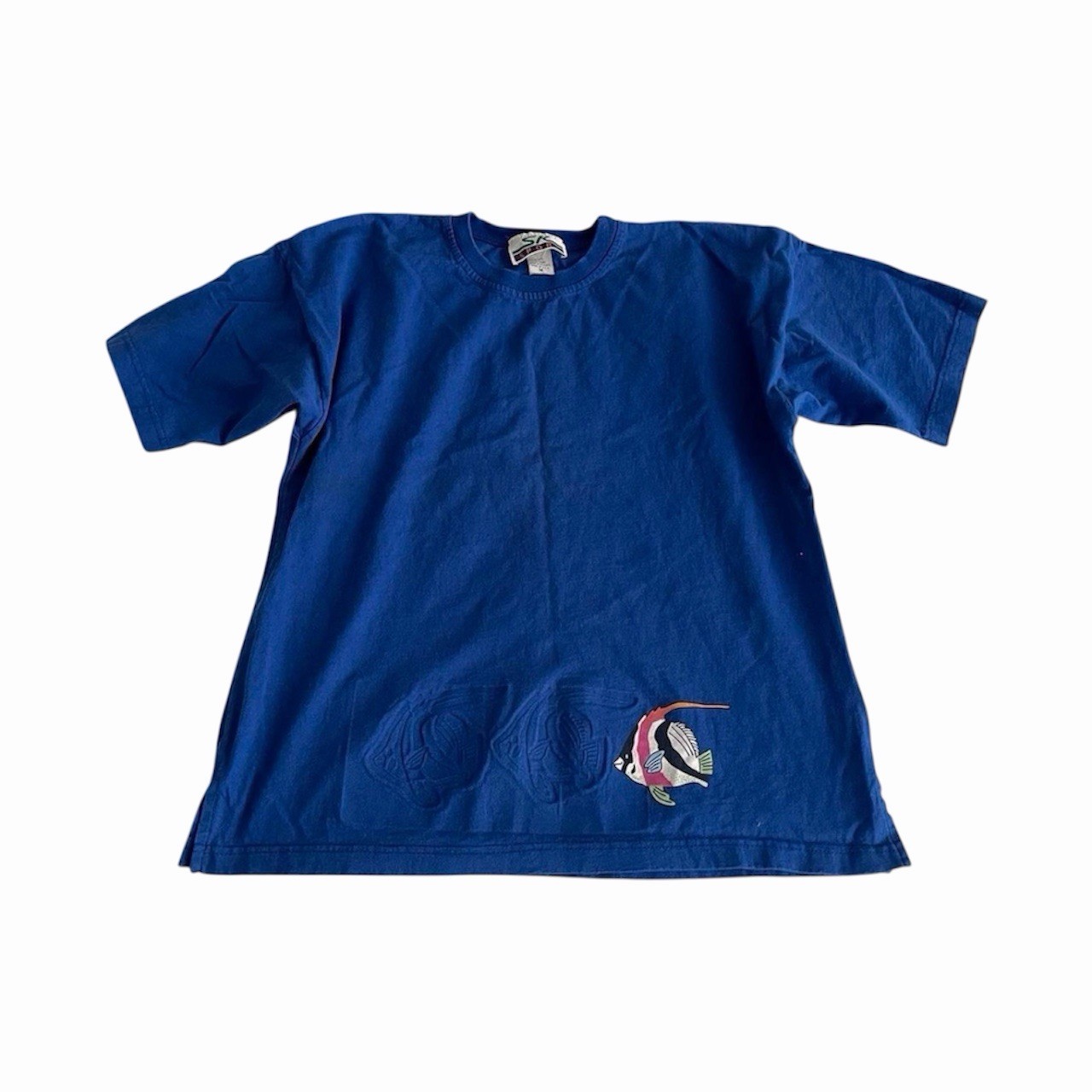Vintage SK Sport Cobalt Blue Angel Fish Imprint Graphic Summer T Shirt Size M