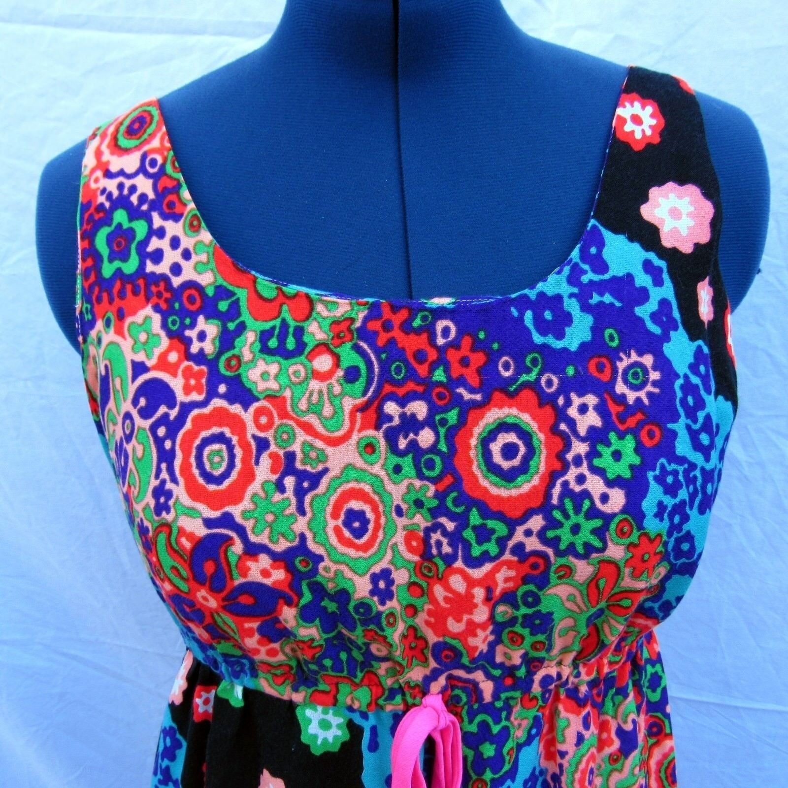 VTG Miss Hawaii Fluorescent Maxi Dress Empire Waist 39″ Chest 28″ Waist