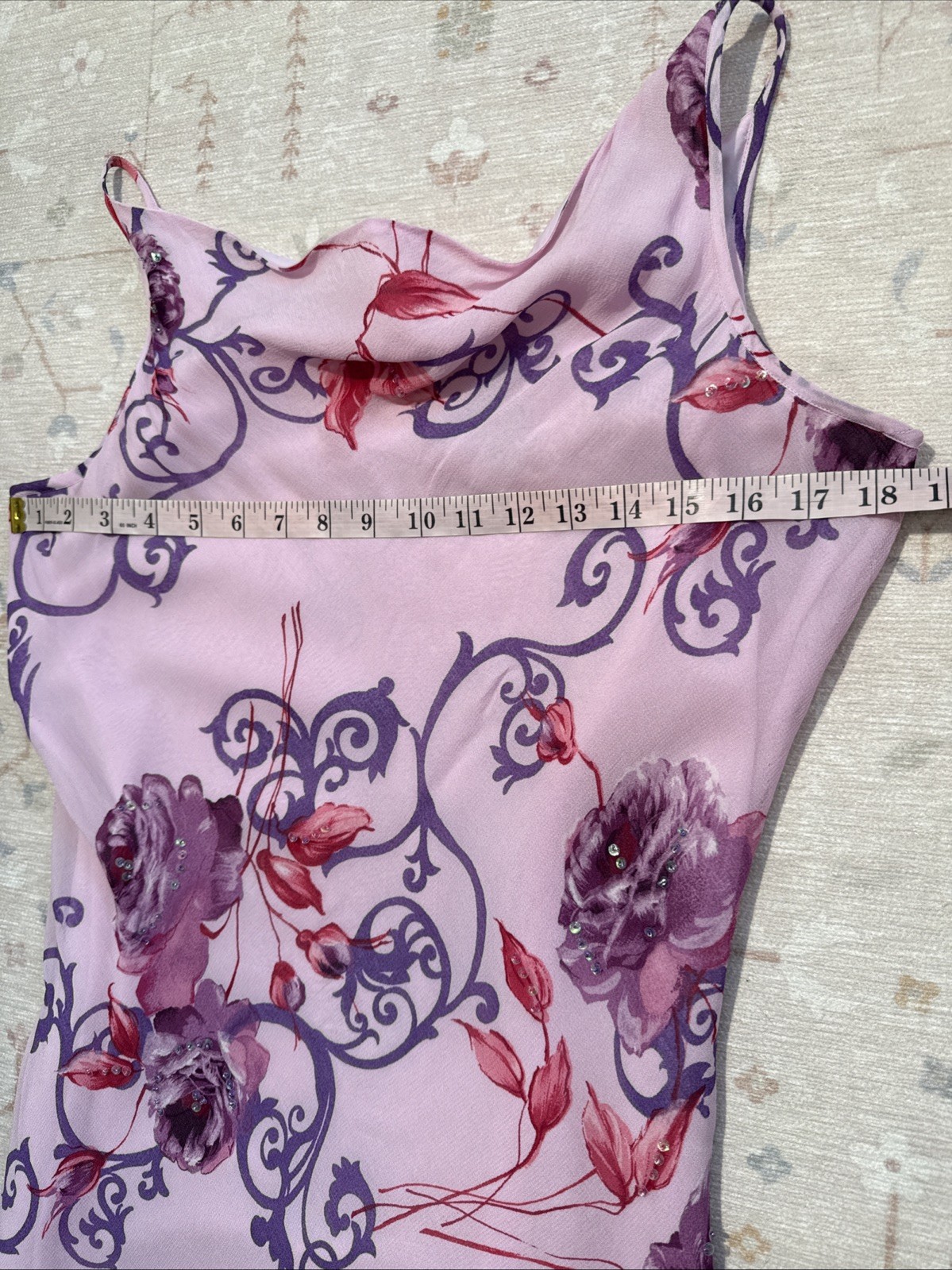 Vintage Y2K Floral Slip Dress Bias Cut Cowl Neckline Beading Best Fit M