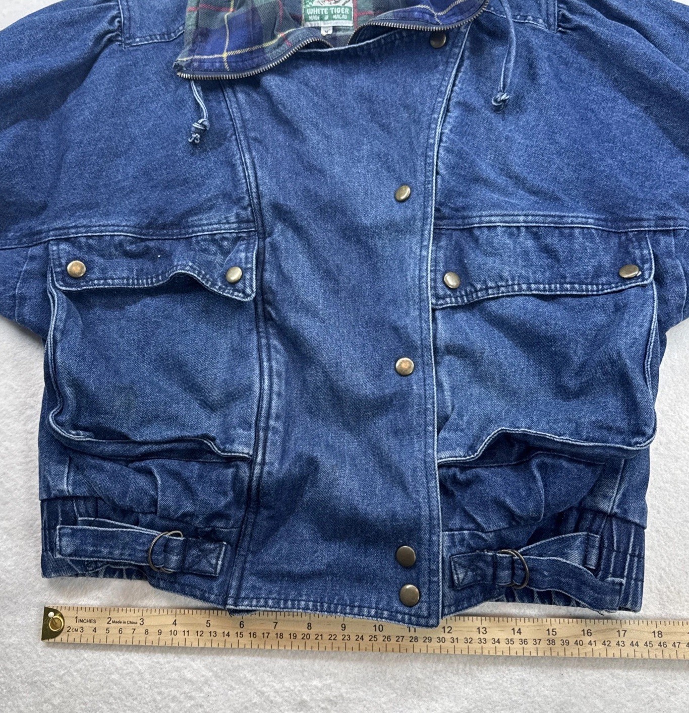 Vintage Jean Oversized Bomber Jacket with Tartan Plaid Lining Boyfriend