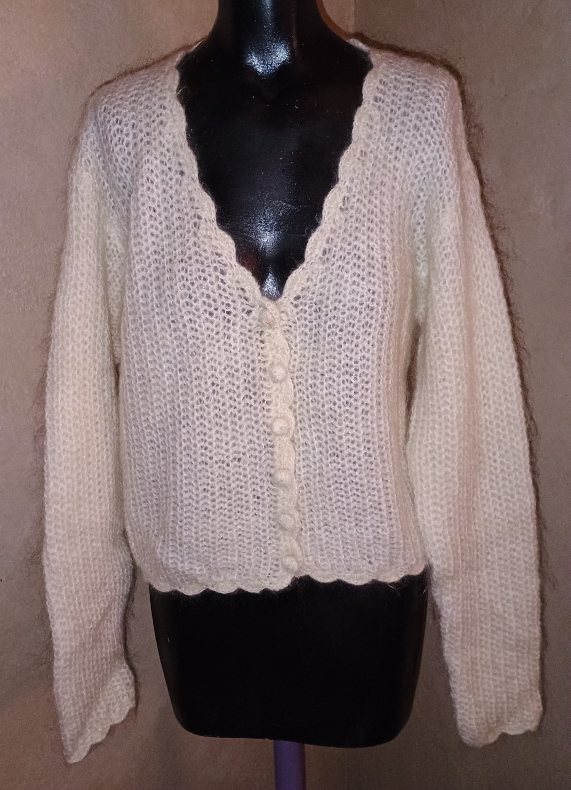 Vtg Jessica Steven Ivory Cardigan Mohair Acrylic Grandma Core Boho Fuzzy