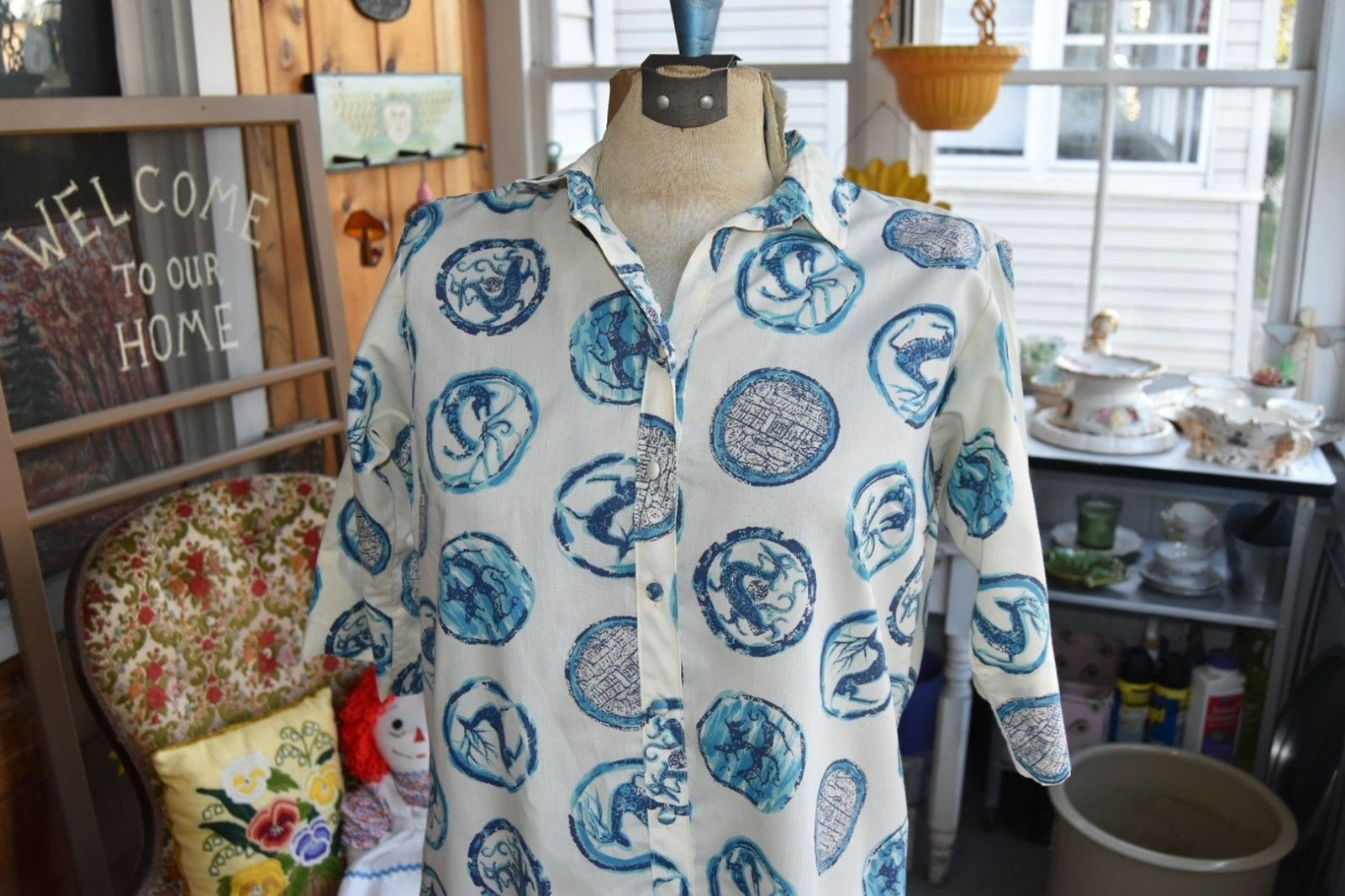 Vintage 1960s Lady Bayard House Dress Midi Blue White Stag Size Large