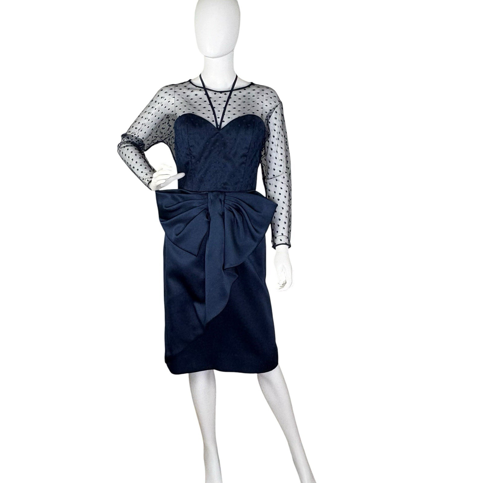 VTG VICTOR COSTA 80s Dress Mesh Dolman Overlay BOW Gilda Old Hollywood Sz 6 Navy