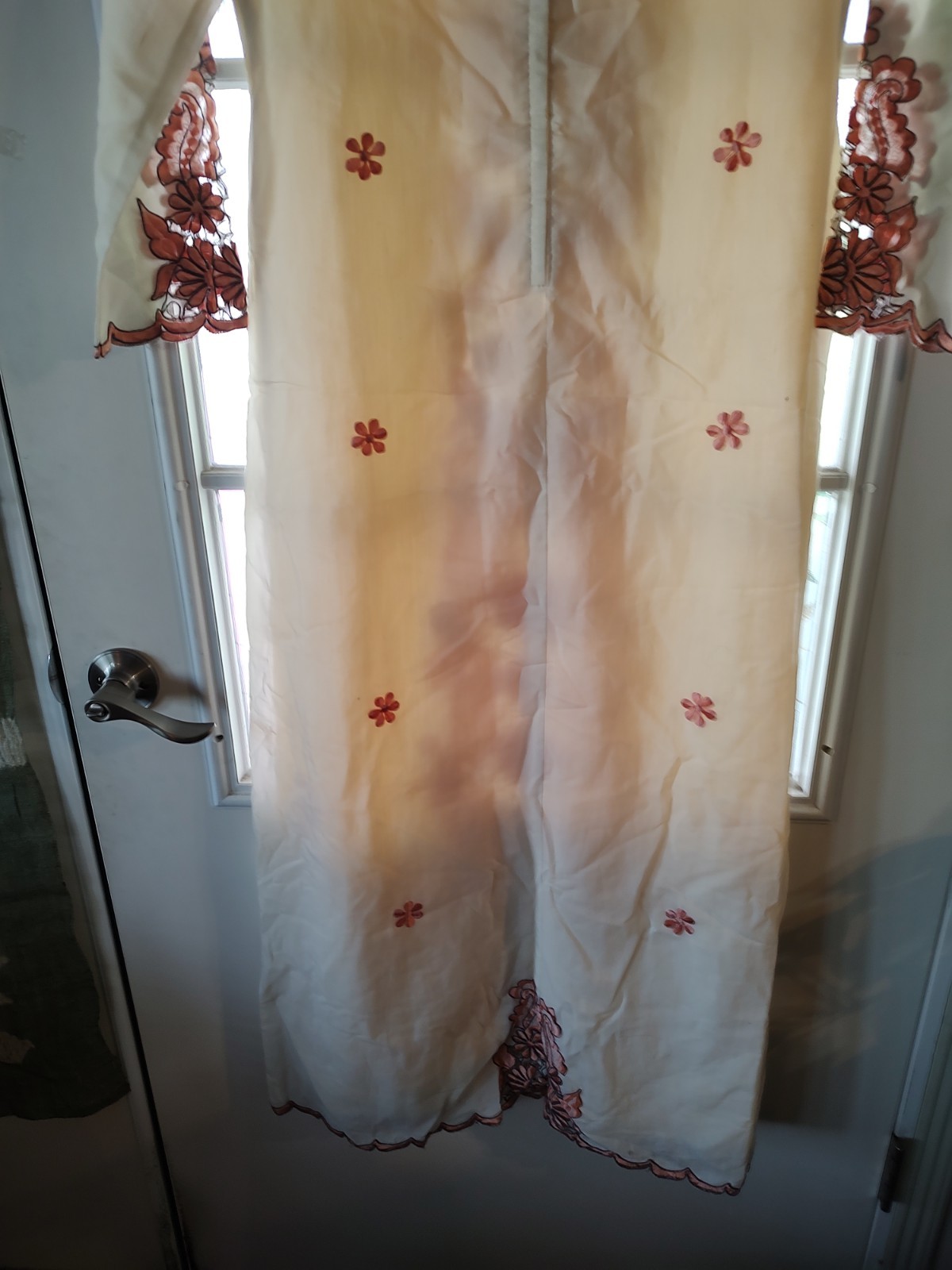 Vintage ethnic Filipino Embroidered Maxi Dress Hippie Boho Tan M/L