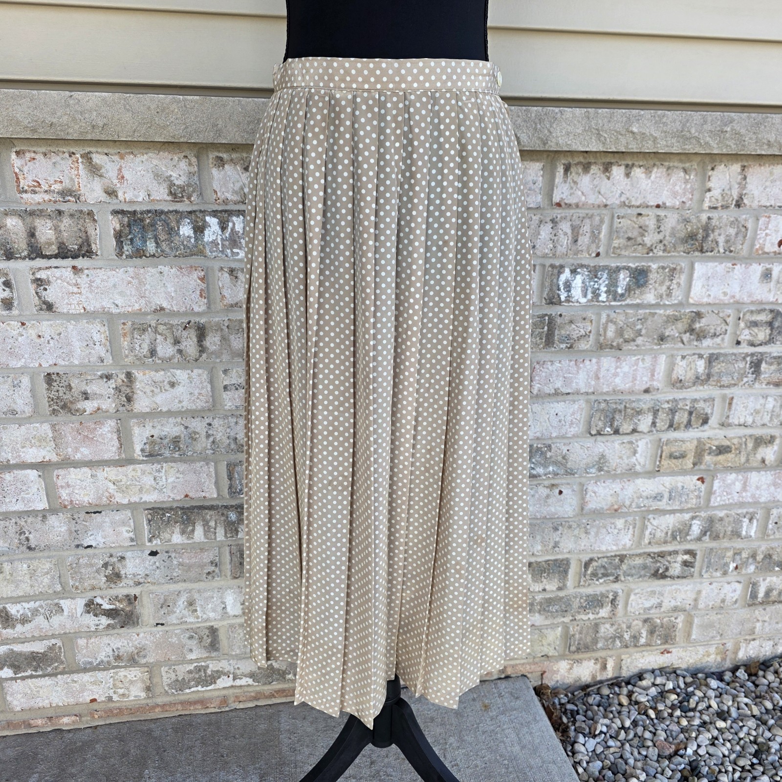 Vintage 80s Polka Dot Pleated Midi Skirt Tan Cream Russ Made USA ILGWU Size 10