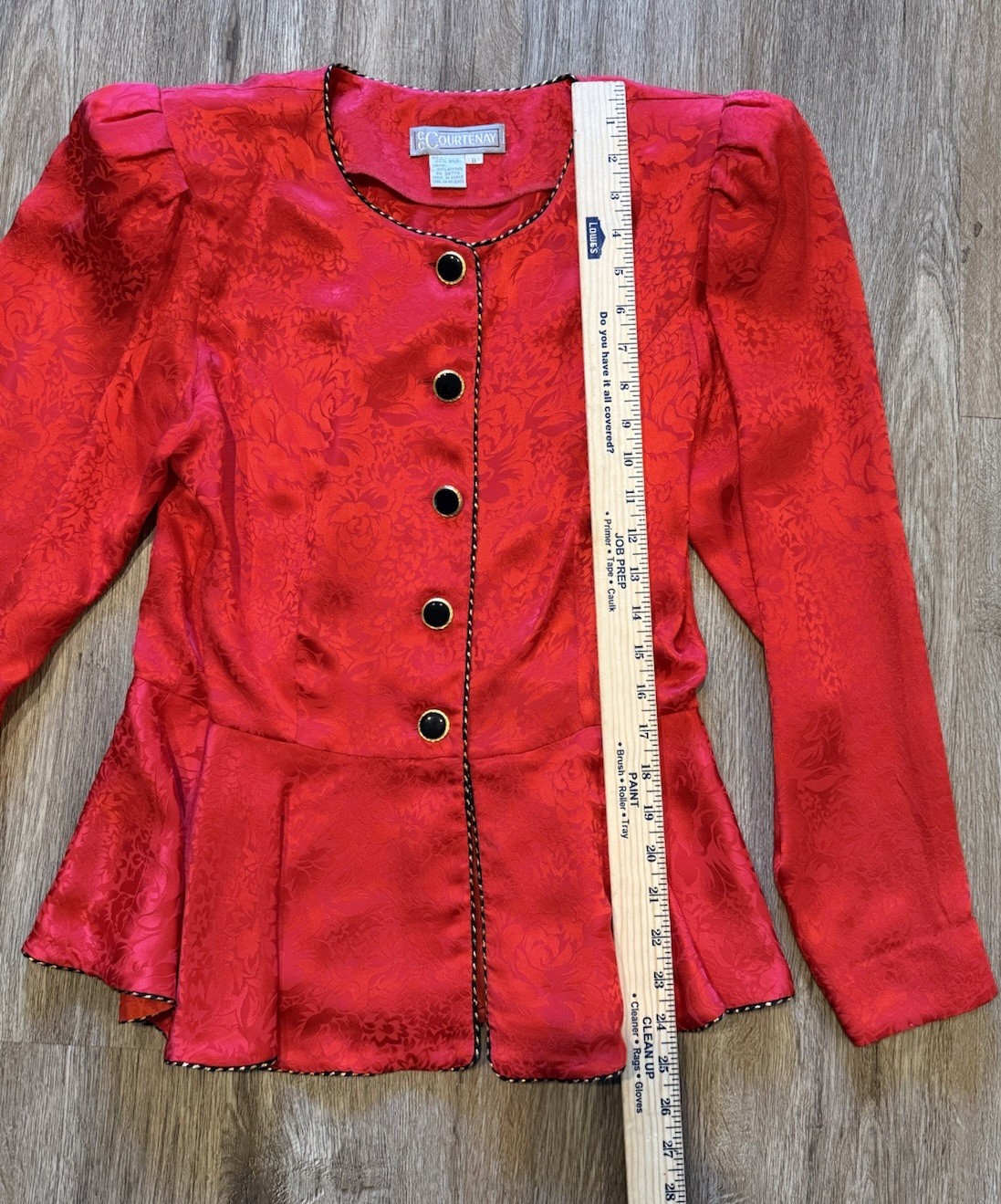 Vintage Courtenay Red Silk Jacquard Peplum Skirt Suit Set 80s 90s Romantic sz 8
