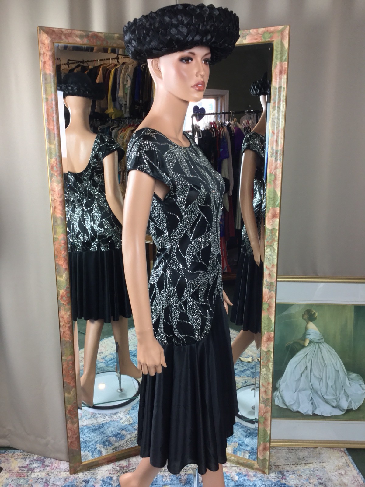 VTG Jodi Lauren Black Drop Waist Low Back Glittered Flapper Style Dress Sz 7/8