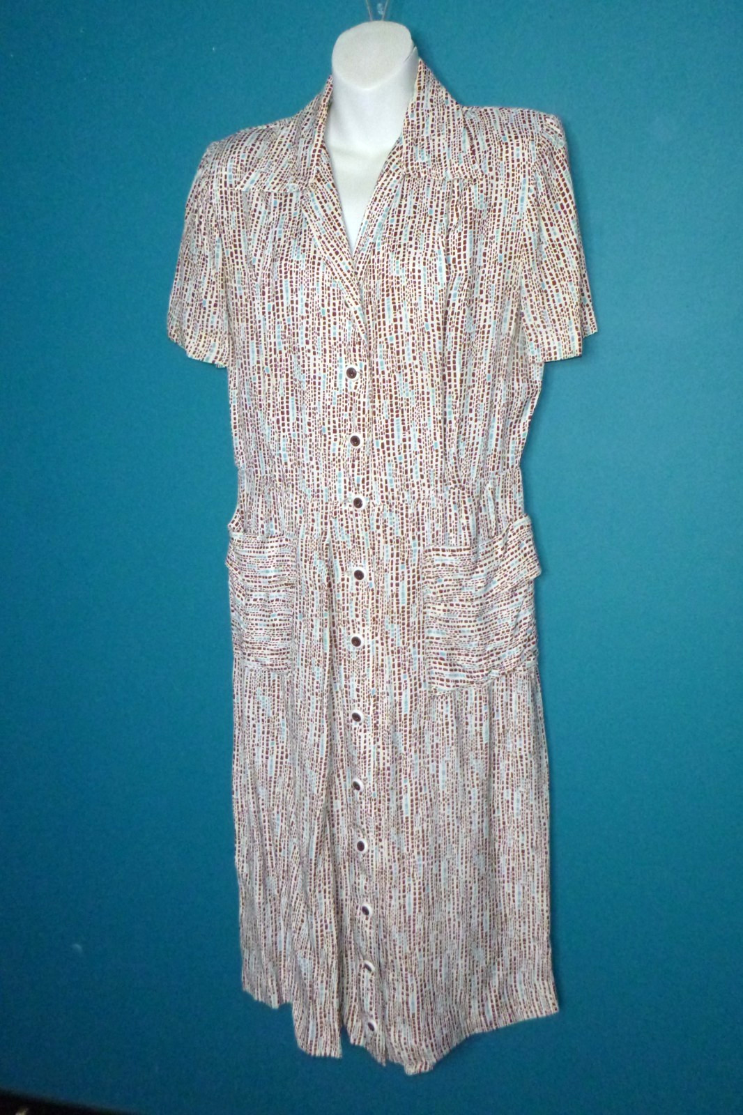 Vtg 40s 50s Cay Artley Rayon Shirt Dress Brown Aqua Geometric VOLUP Sz XL