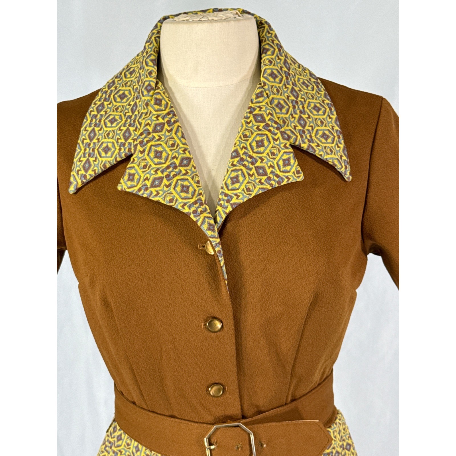 VTG 70s 100 Parkhouse Brown Geometric A-Line Mod Shirt Dress Belt Encron Knit M