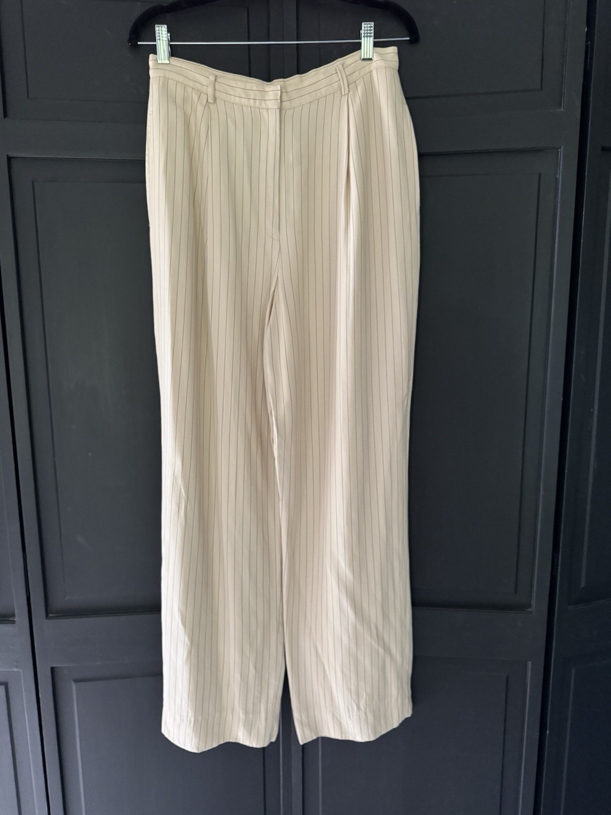 Anne Klein II Beige Pinstripe Pleated Wide-Leg Rayon Nylon Cotton Dress Pants