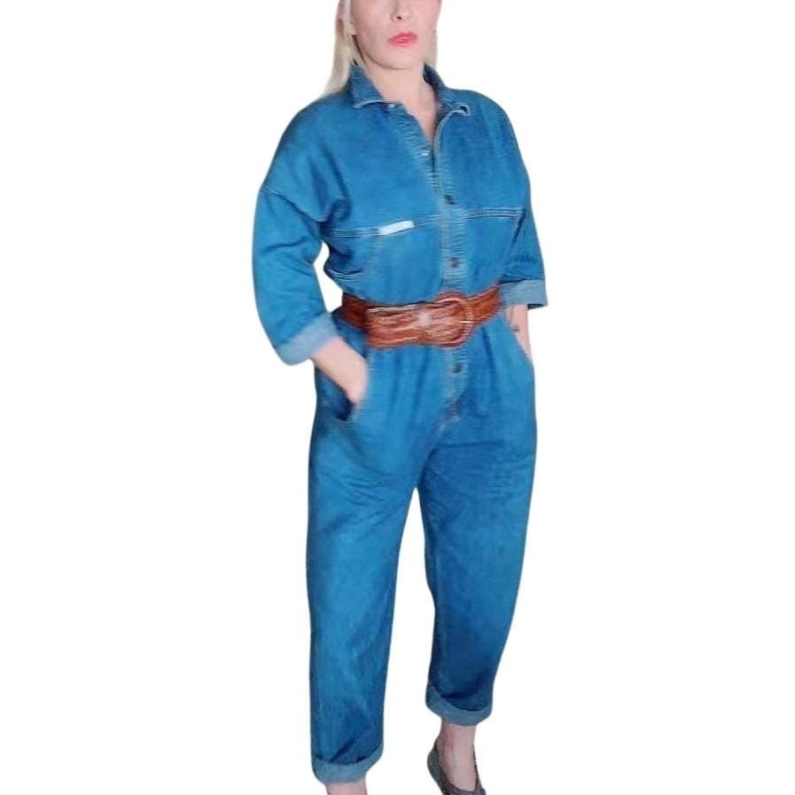 Ideas Denim Jumpsuit Medium Wash Blue Cotton Denim Waist Utility Romper Vintage