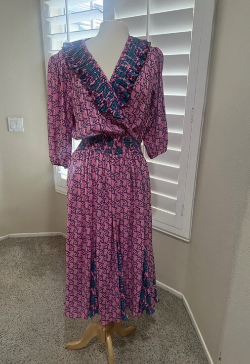 VNTG 80s Susan Freis satin multicolor floral faux wrap elastic ruffle dress M