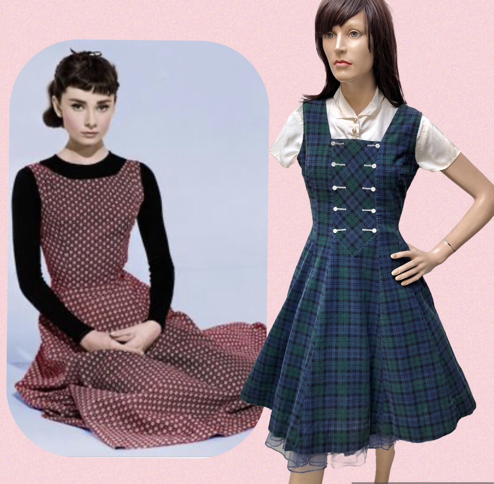 VTG 1950s Schoolgirl-Ingenue *TARTAN PLAID CORDUROY Audrey-Style JUMPER DRESS*