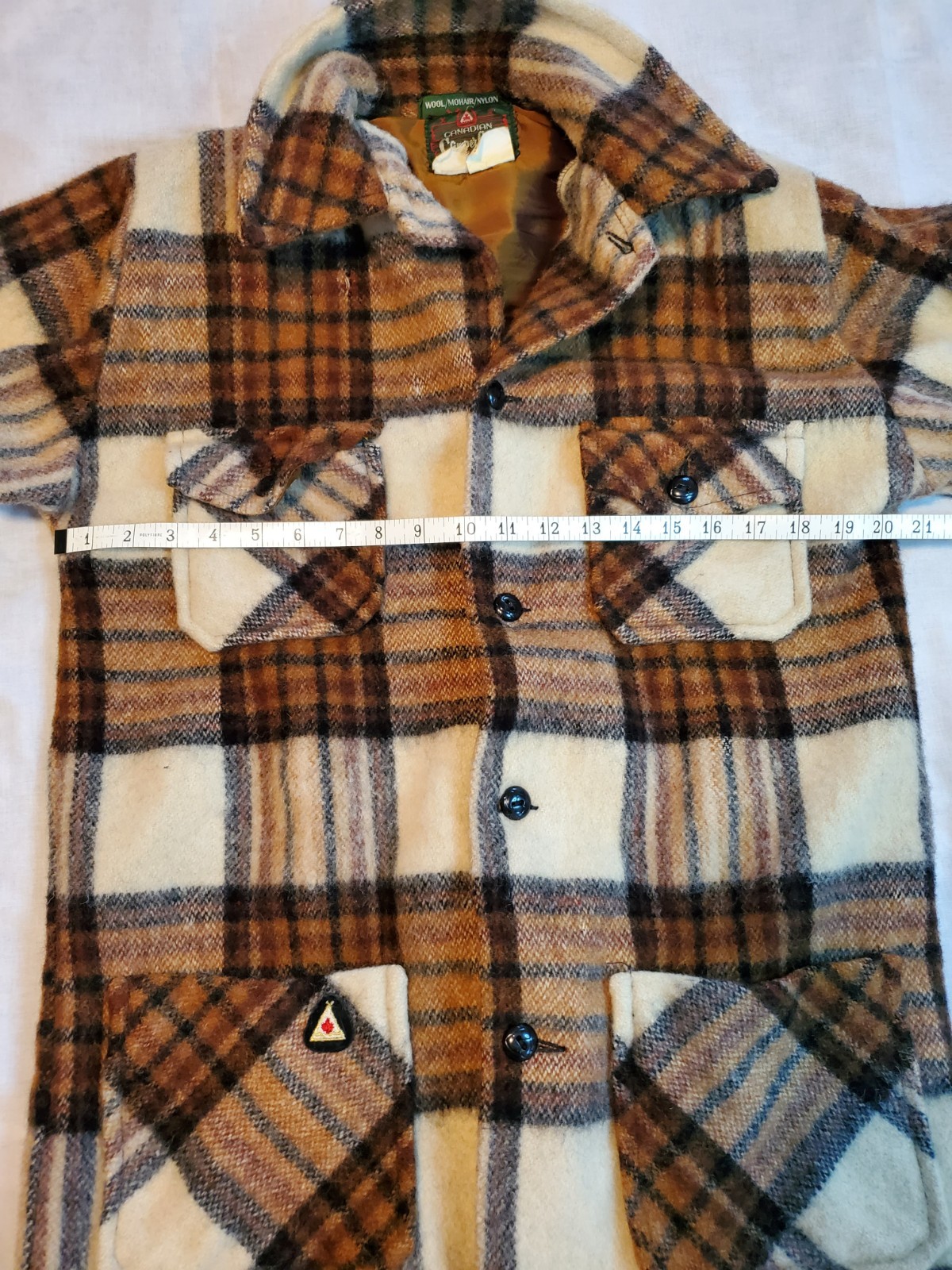 Vintage Wool Mohair Brown Plaid Canadian Camper Coat Bell Shirt Womens Medium