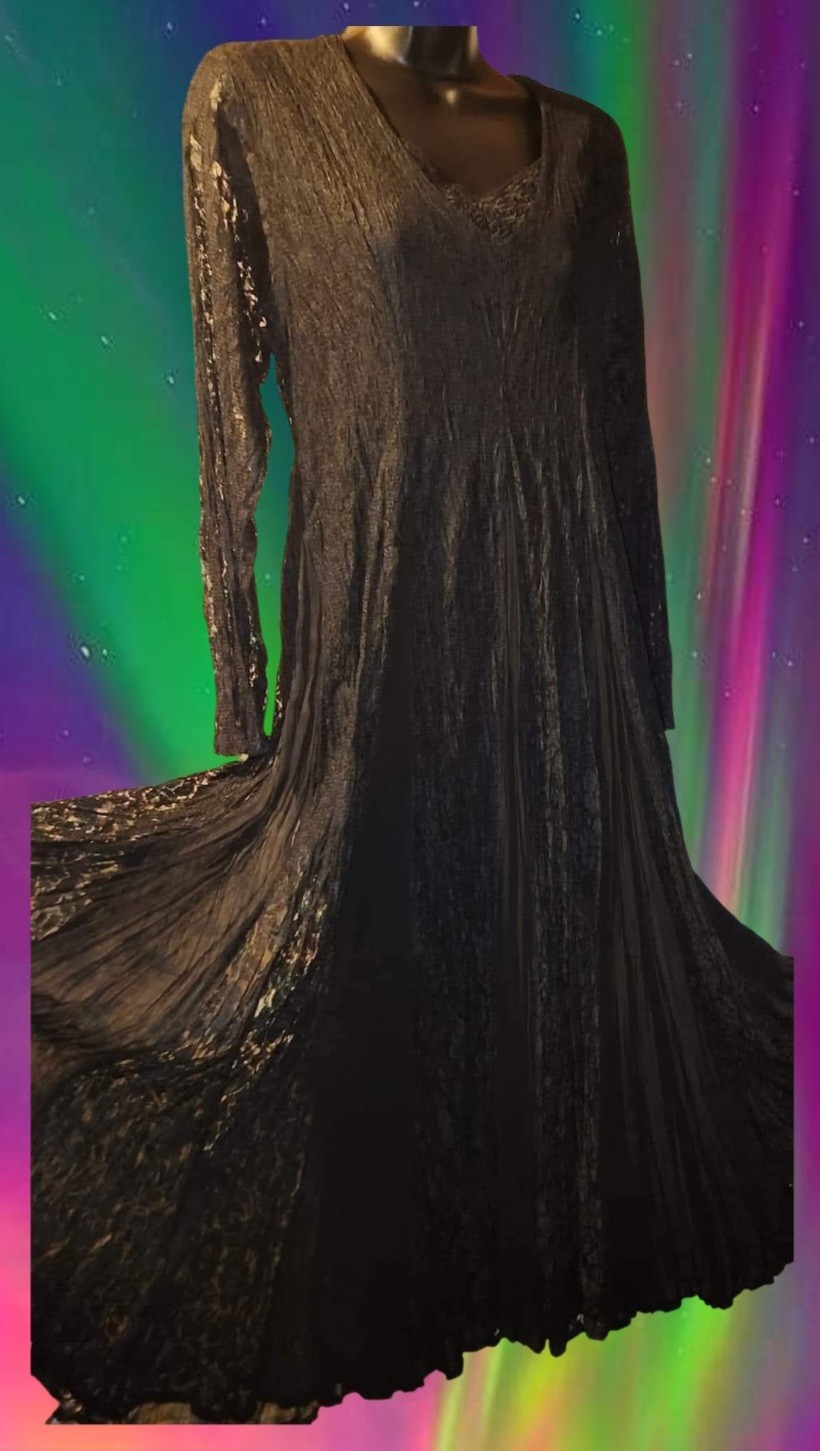 GORGEOUS️! 1990s Long Black Lace Dress by Starina Rayon India Classic Boho Style