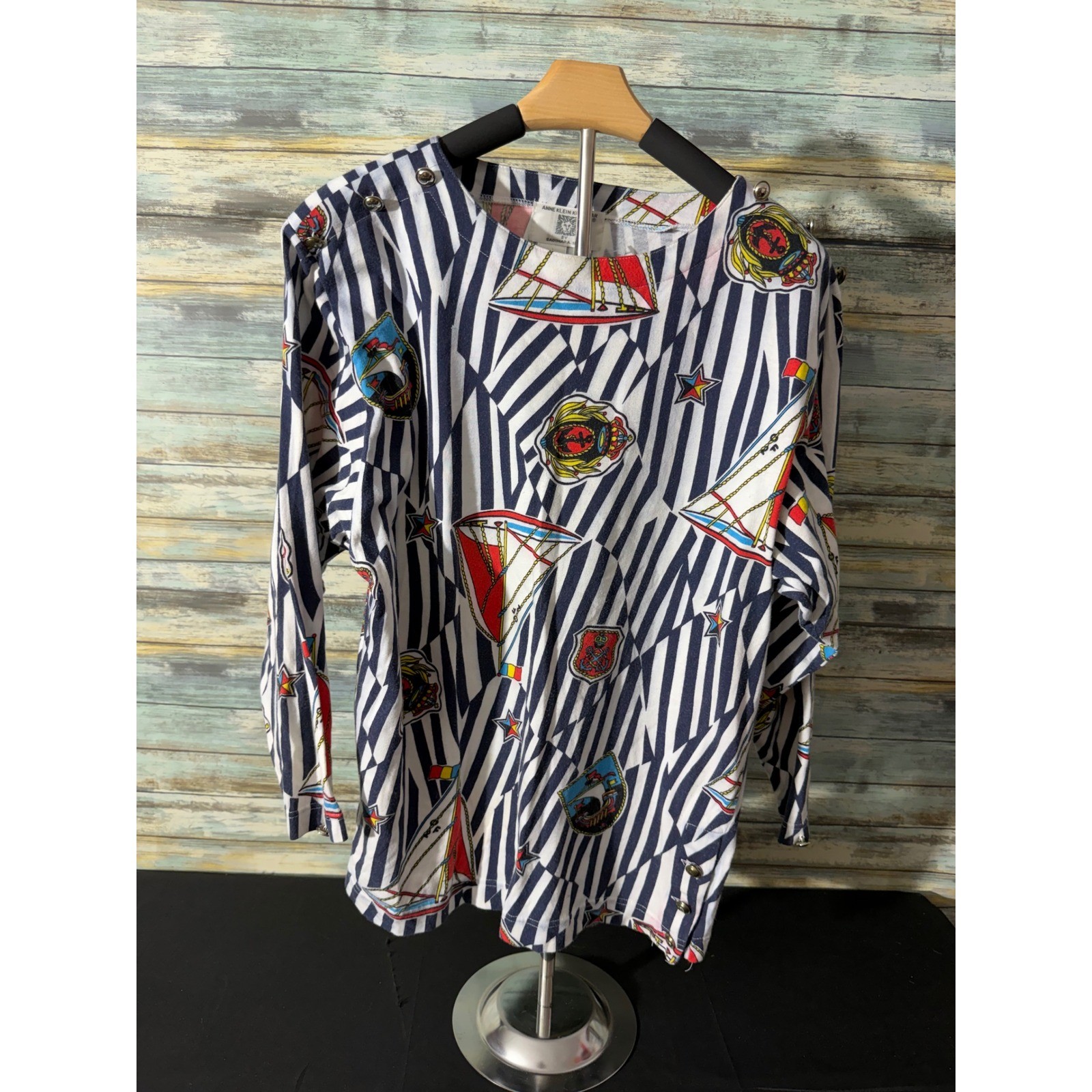Anne Klein Knitwear Top S Navy White Vintage Nautical Sailboat Button Excellent