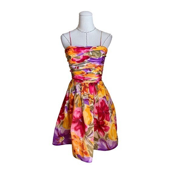 Vintage 80s Bill Blass Floral Silk Organza Dress Size 4 Vibrant Cocktail