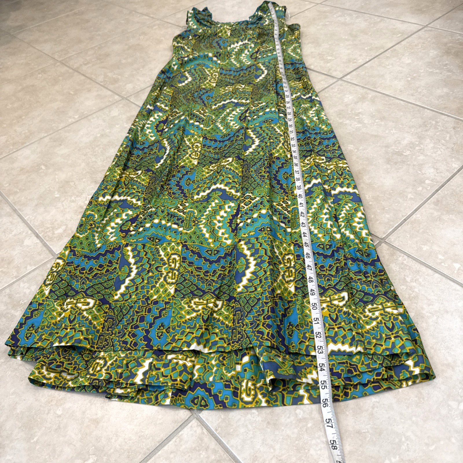 VTG Rhapsody By Glazier Dress Sleeveless Green Blue Geometric Maxi Dress Sz M
