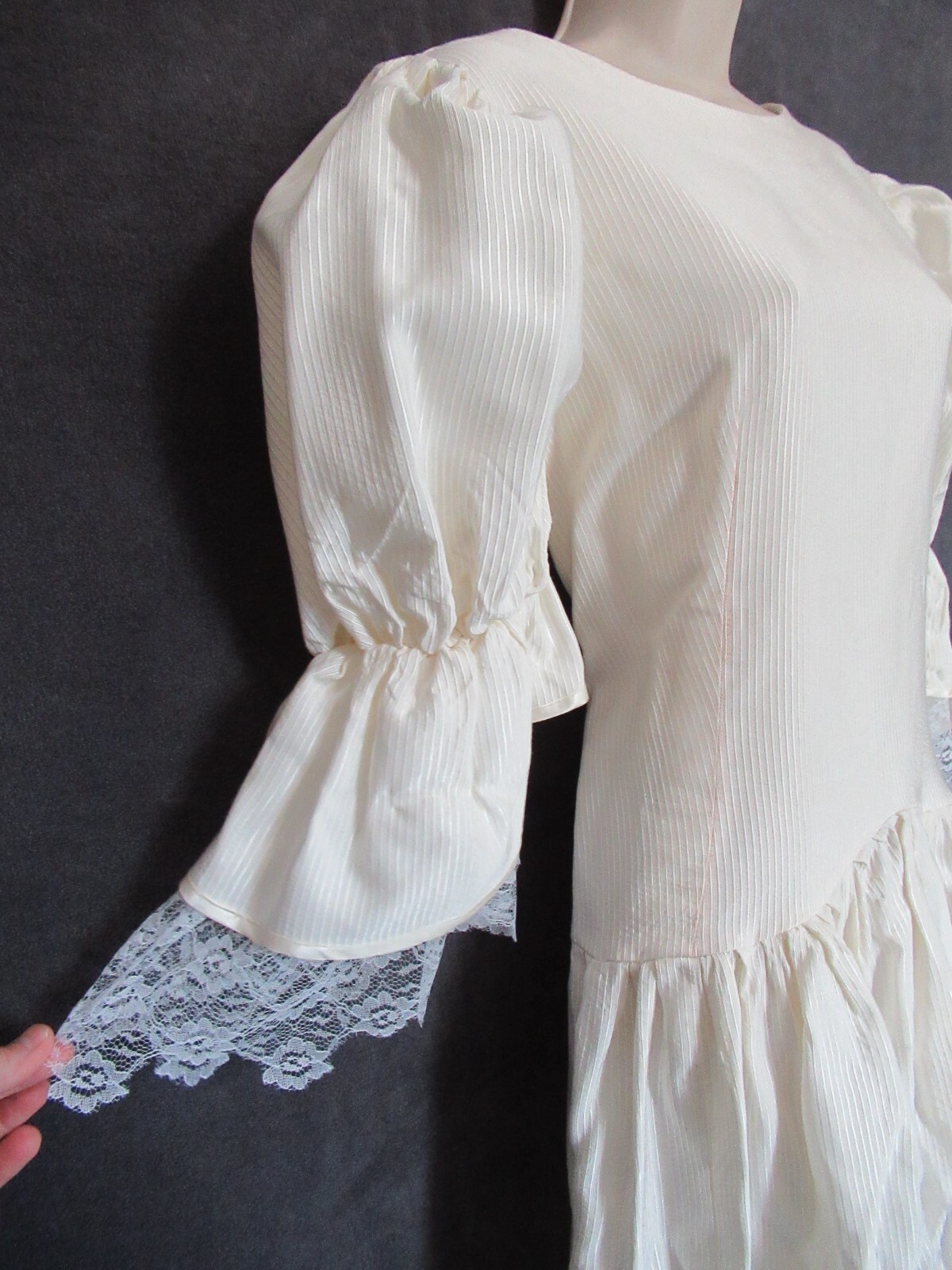 Vintage Ivory Stripe Lace Peasant Princess Bride Victorian Puff Sleeve Dress XL