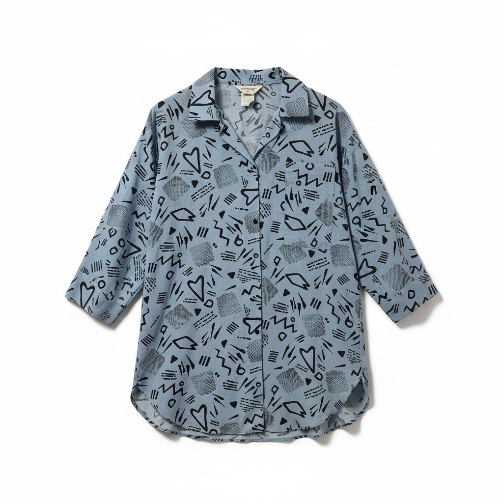 Vintage 80s Kingly Tunic Shirt Blue Black New Wave Prep Baggy Snap Front M
