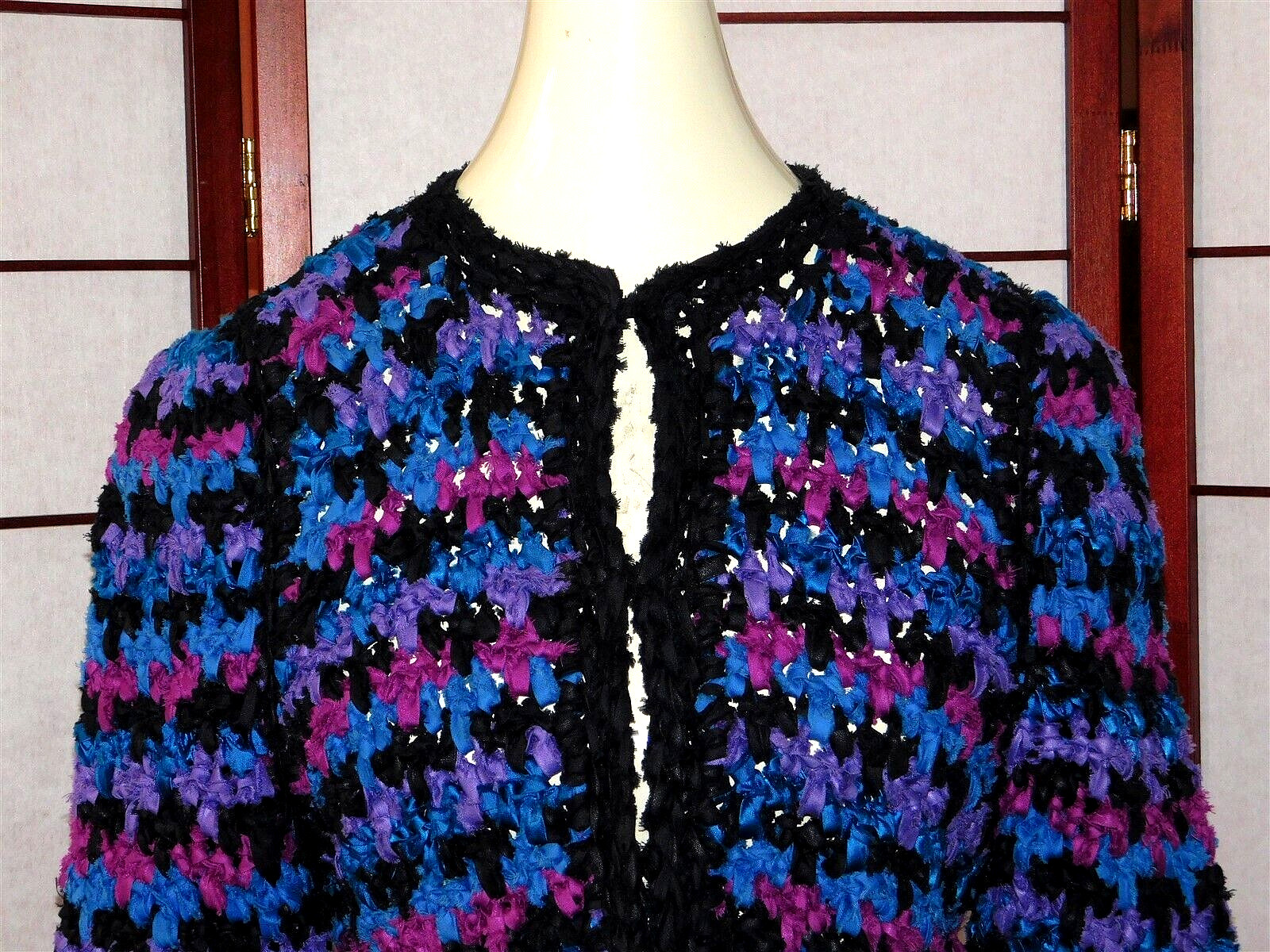 Estelle Gracer Blue Purple Chunky Knit Crop Jacket Sweater 1989 Glam Small