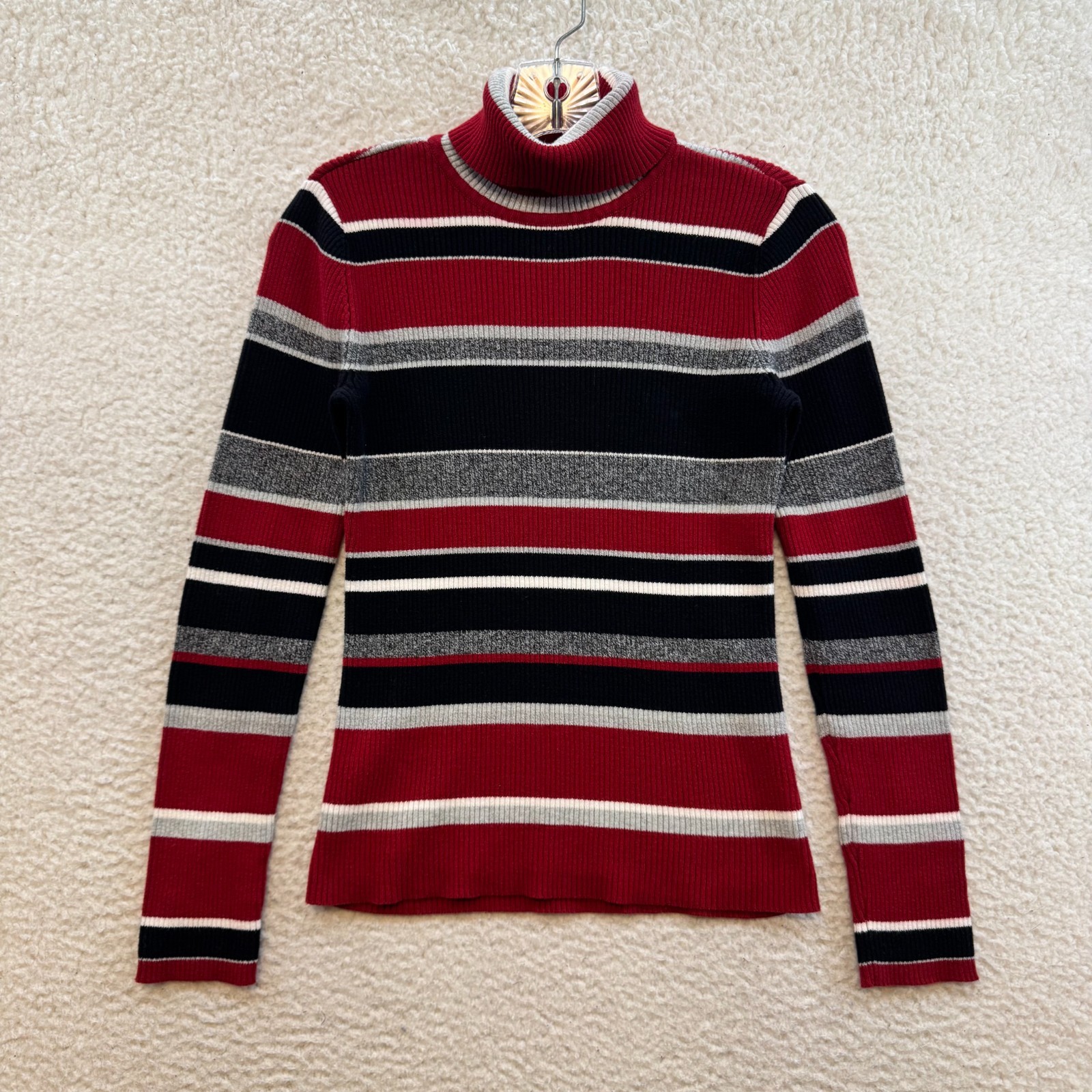 Y2K Vintage Striped Turtleneck Sweater XS Small Red Rib Knit Grunge Long Sleeve