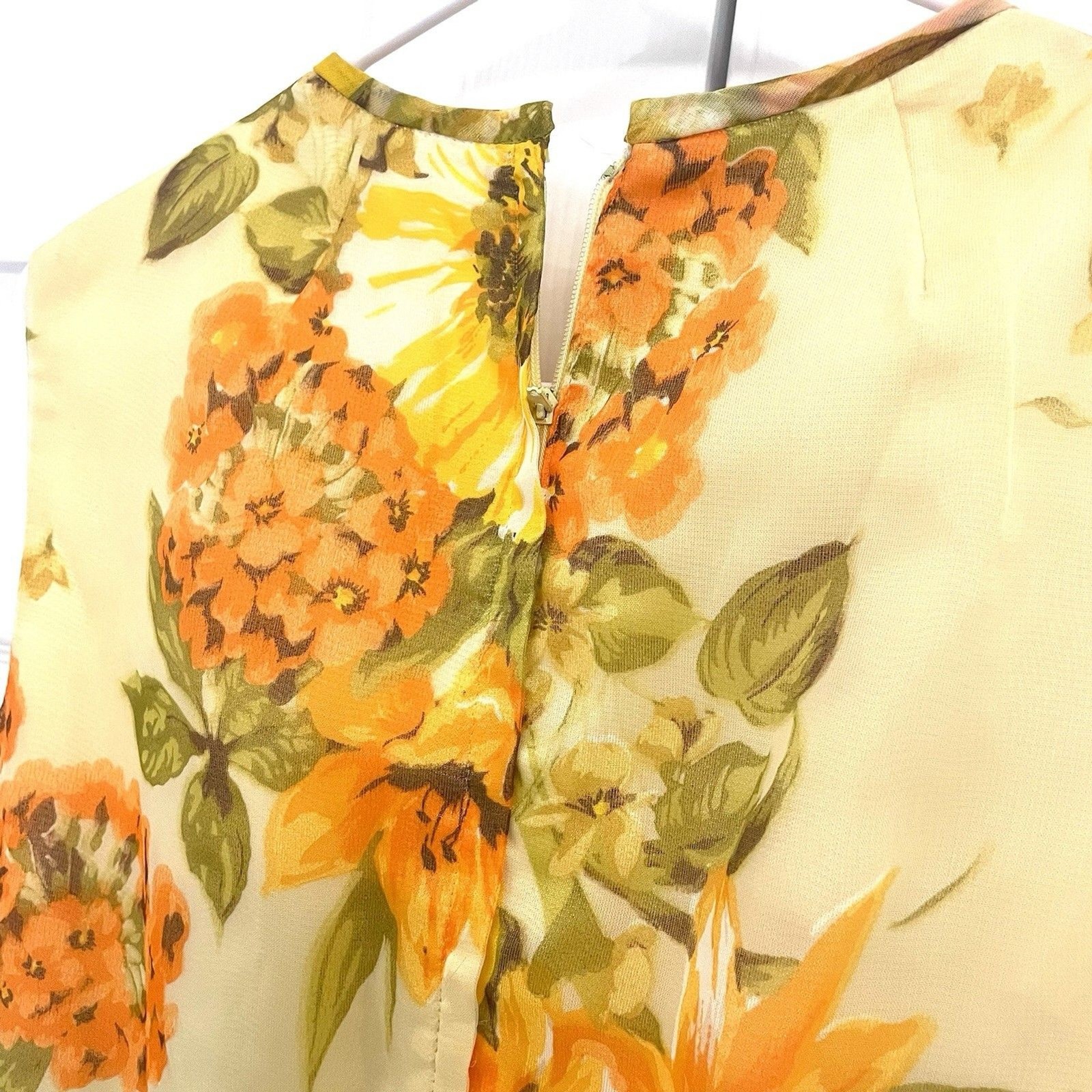 60s Vintage Yellow Floral Gown Sleeveless Maxi A-Line Dress Empire Waist Sz S/M