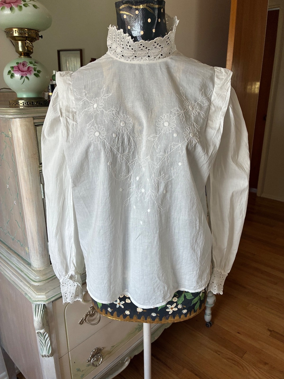 Antique Edwardian White Cotton Waist Blouse Embroidery Eyelet High Neck