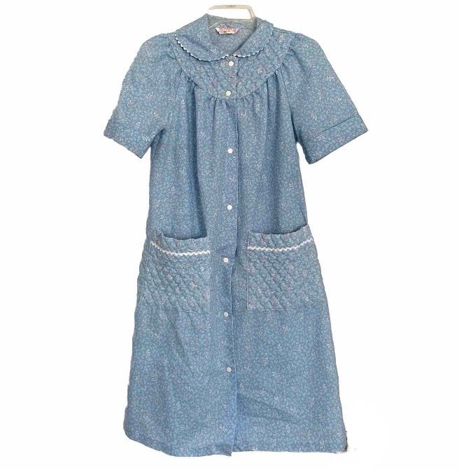 Vintage Cotillion House Dress Coat Muumuu Blue Floral USA Made Snap Closure Sz S