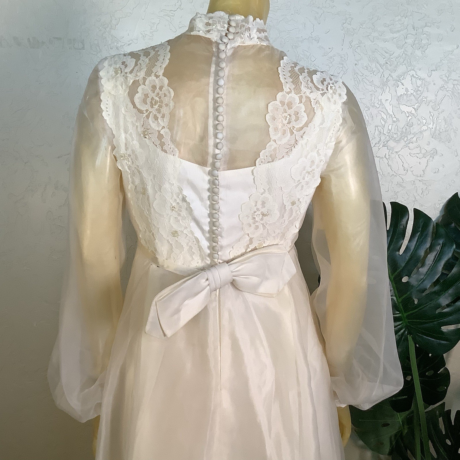 1970s Bridal Originals Regency Inspired Empire Waist Lace Wedding Dress & Train