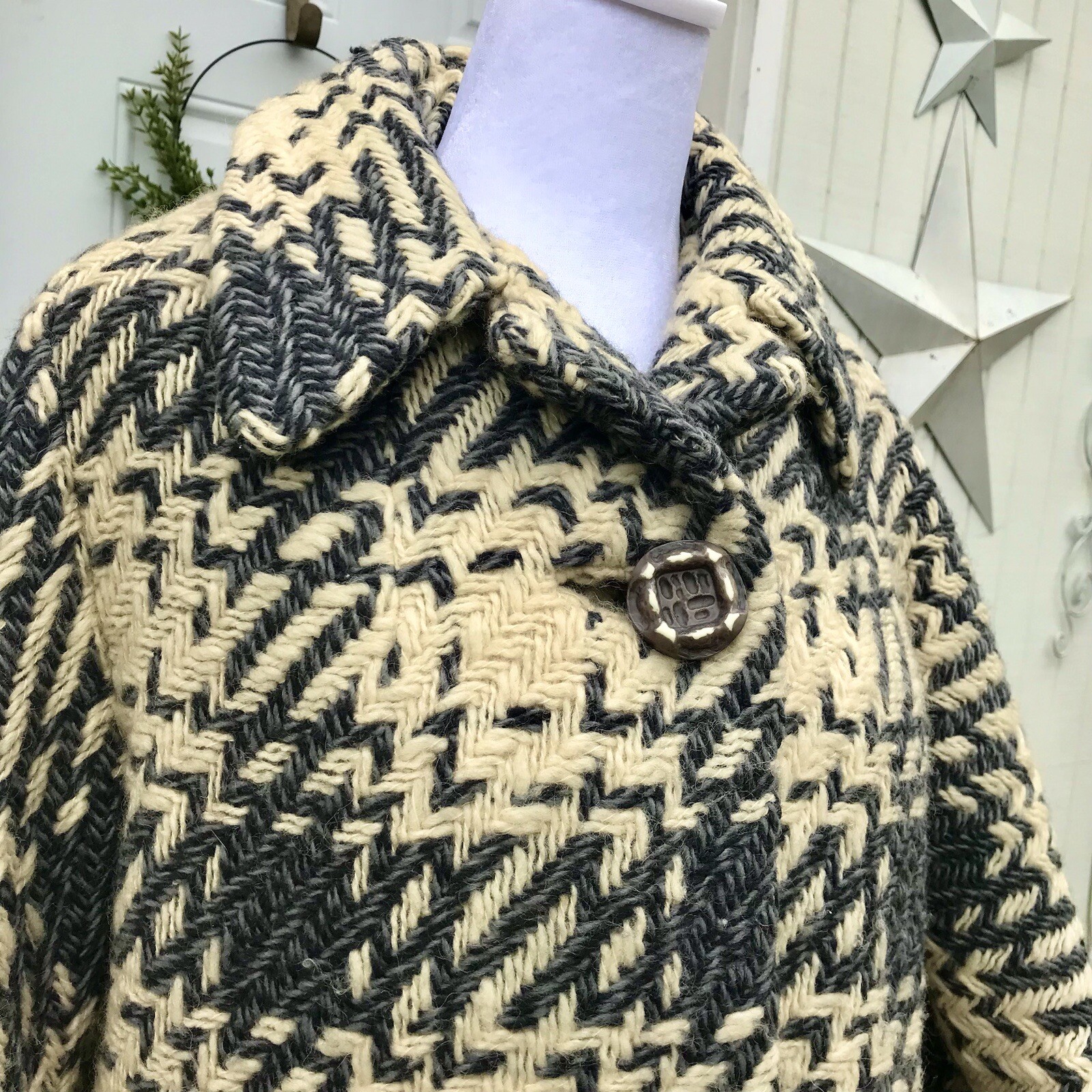 Vtg 50s 60s Woven Wool Women’s Coat Geo Southwestern M L Grey Tan Mod Retro USA