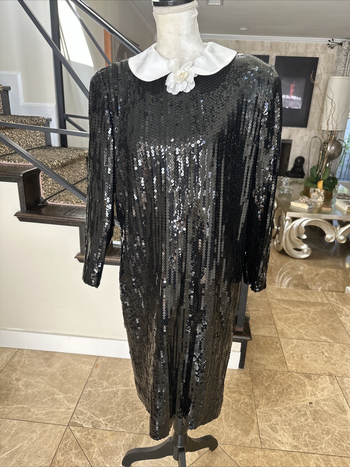Jill Richards Chic 80s Black Sequined Sheath Dress White Collar & Rose 14 M