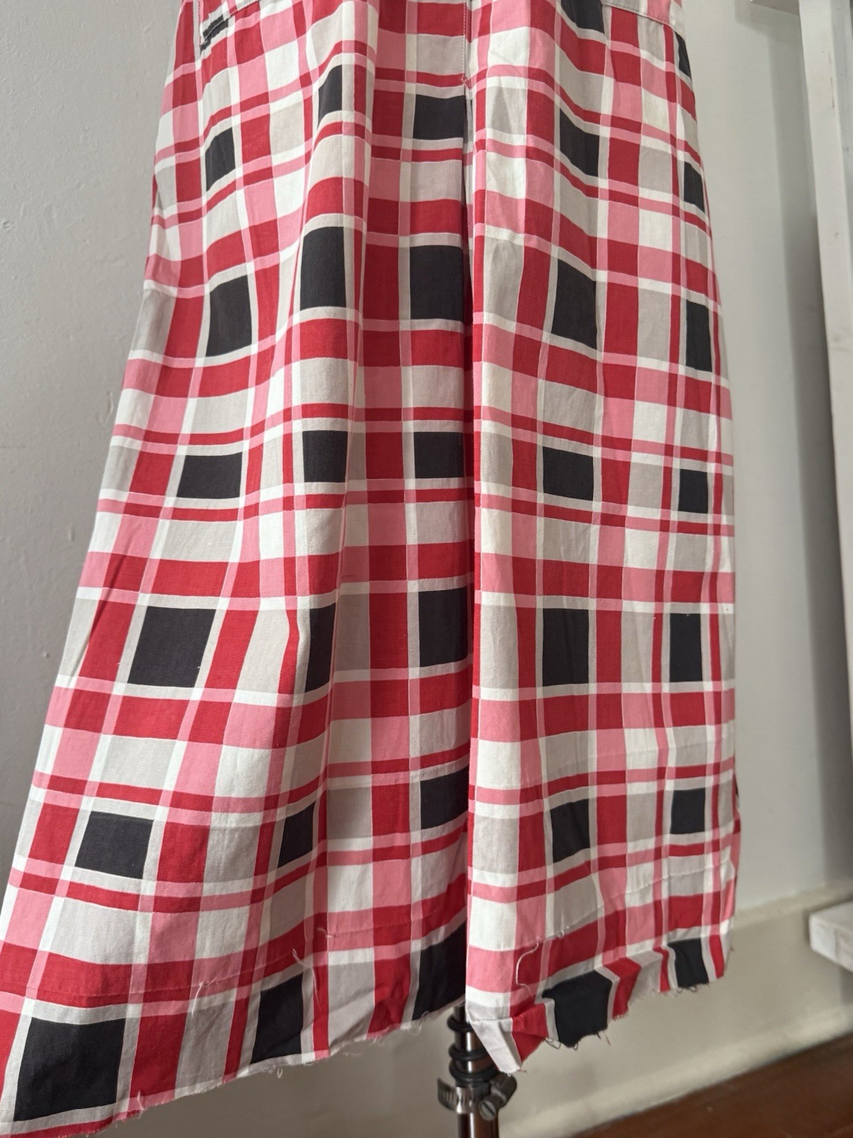 30s Glazed Cotton Plaid Pointed Collar 1/4 Zip Halter Dress Midi Sportswear S/M