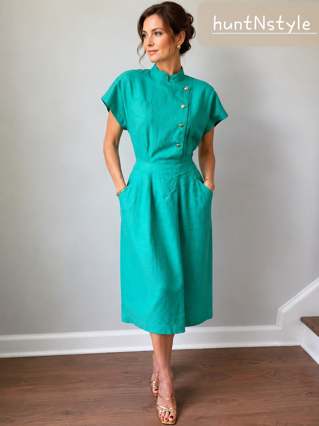 VNTG OLEG CASSINI 100% Ramie Green Midi 80′ Wiggle Dress Gold Button Pockets 12