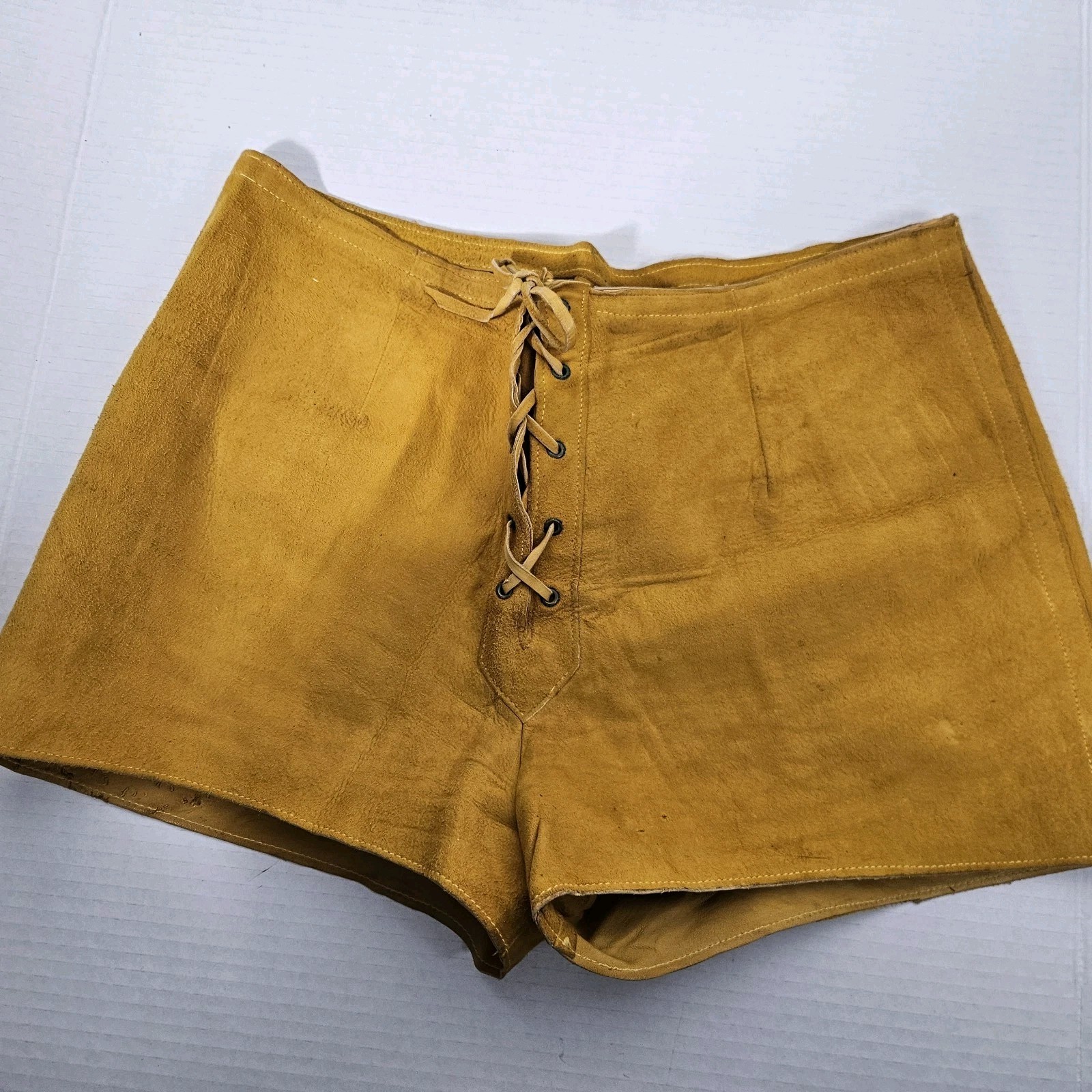 Vintage 60s 70s Suede Lace Up Mustard Yellow Women’s Booty Short Shorts Boho Y2K