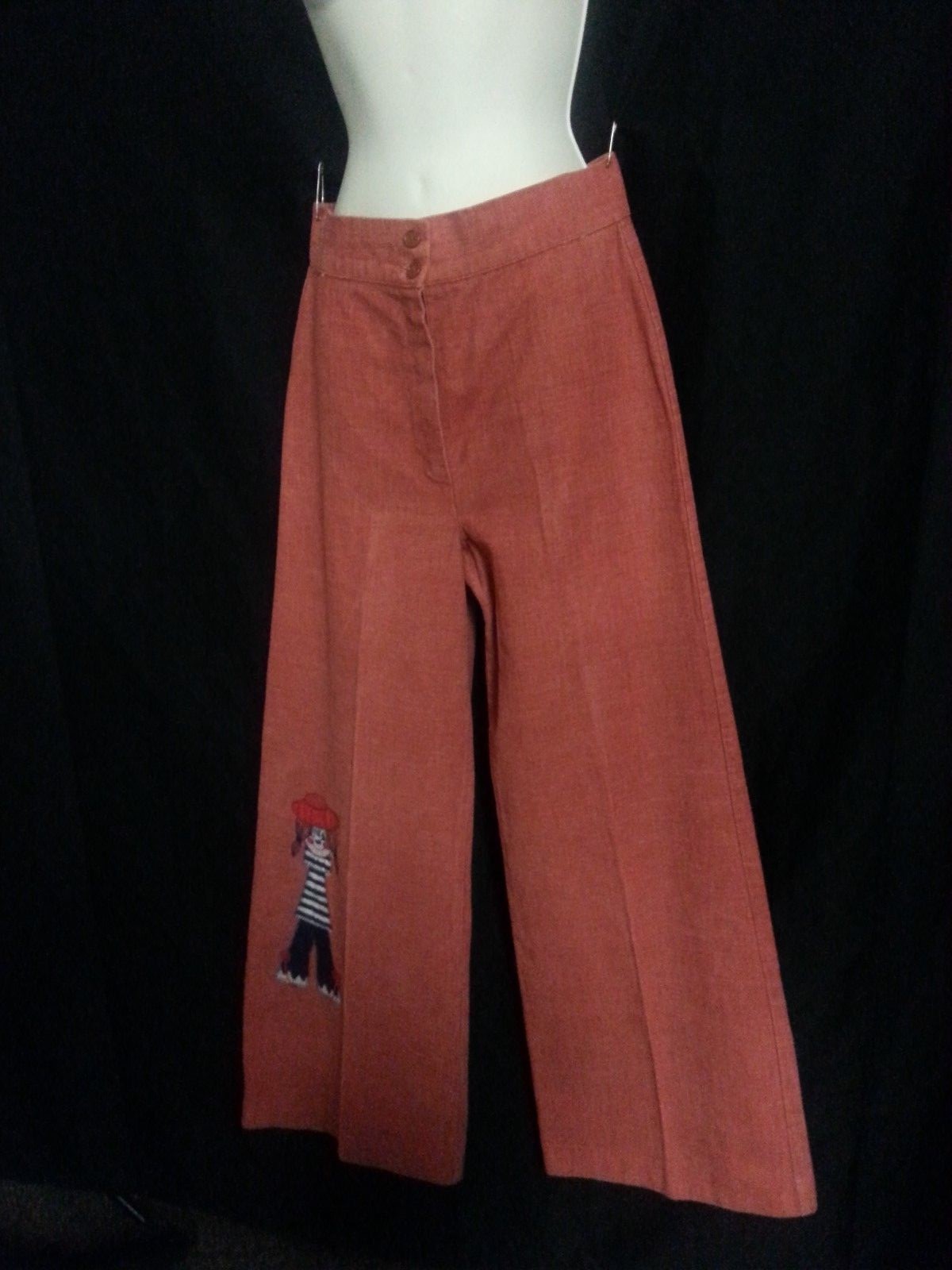 VTG 70s Wide Leg Elephant Pants High Waist Raggedy Ann Salmon Orange Hippy 27-30