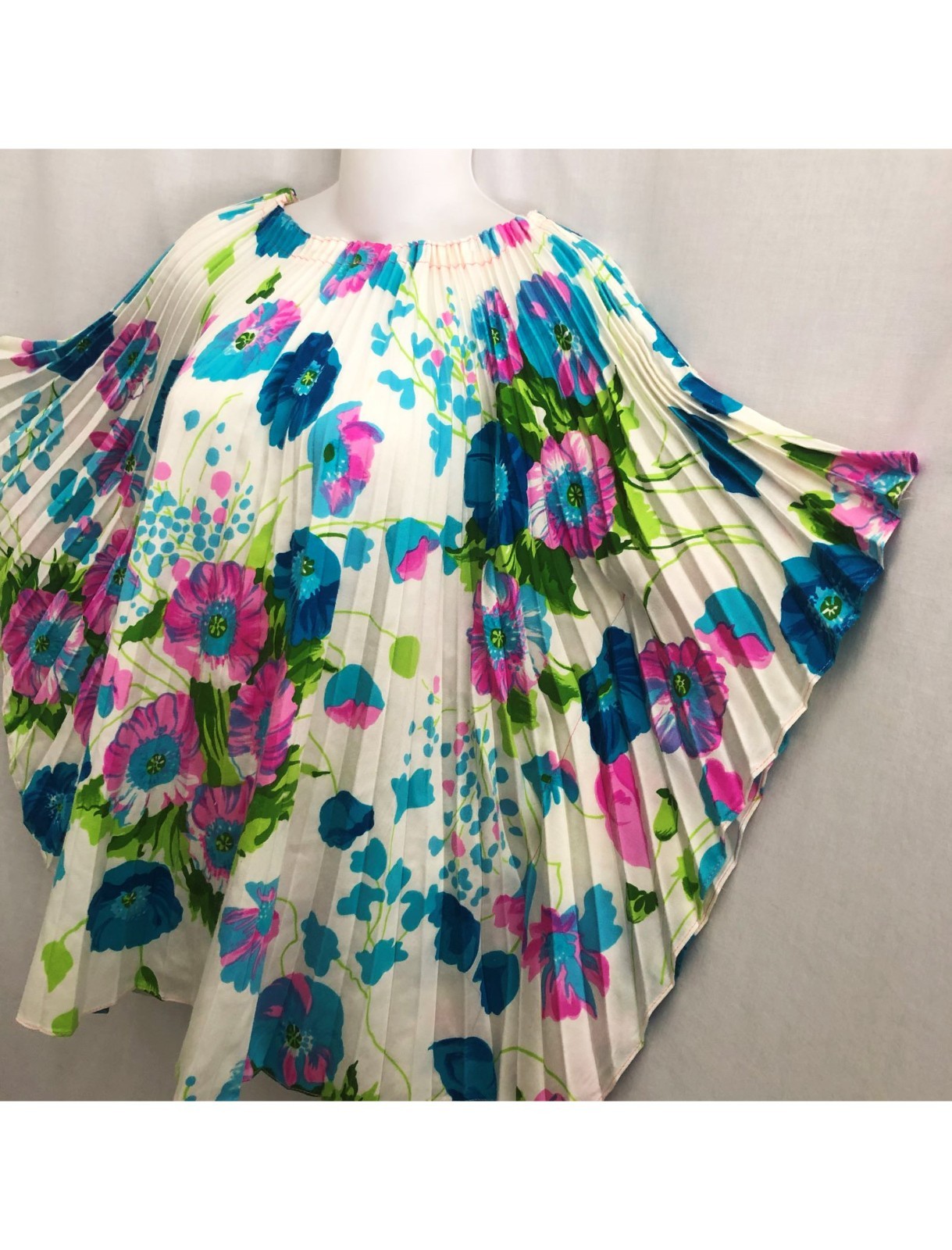 Vintage 70s Neon Floral Caftan Tunic Accordion Pleat Size S-M