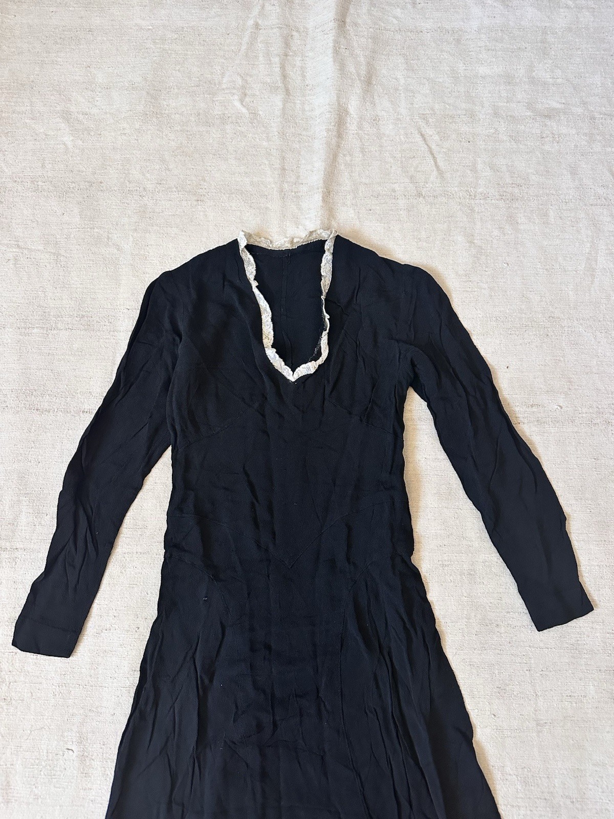 1930s Antique Vintage Handmade French Bias Cut Silk Crepe Black Dress XXS XS