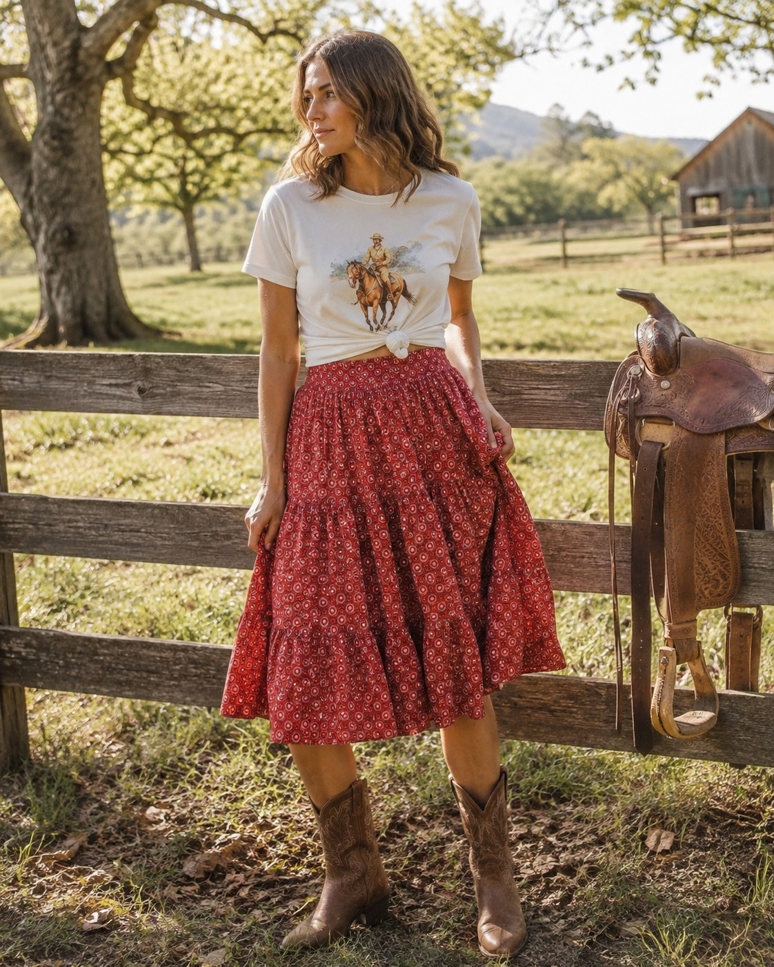 Vintage Red Western Prairie Tiered Midi Skirt Women Cotton Boho Ranch Cowgirl S