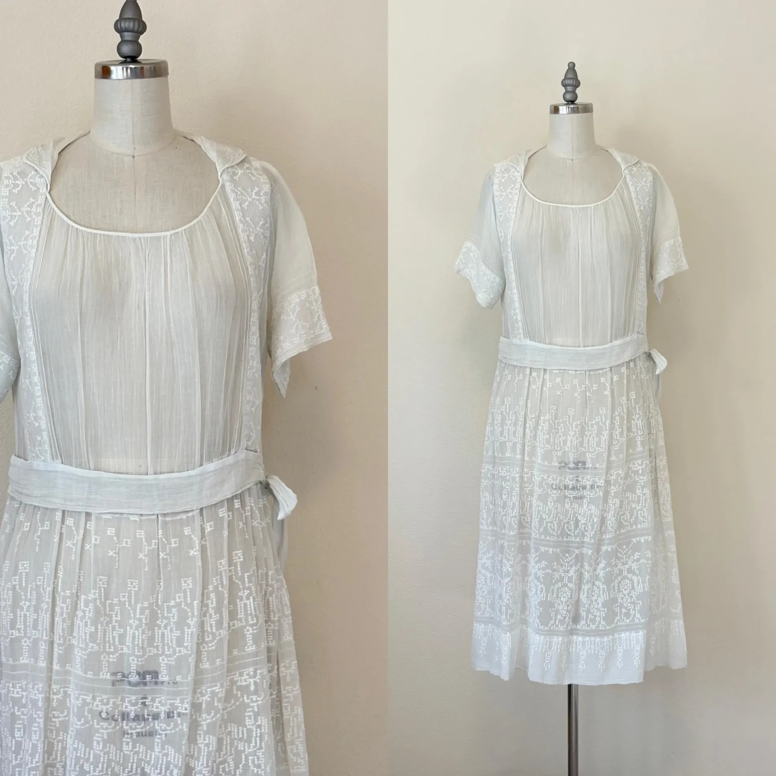 Vintage 20s Embroidered Dress, Hand Embroidered Sheer Cotton Gauze Dress France