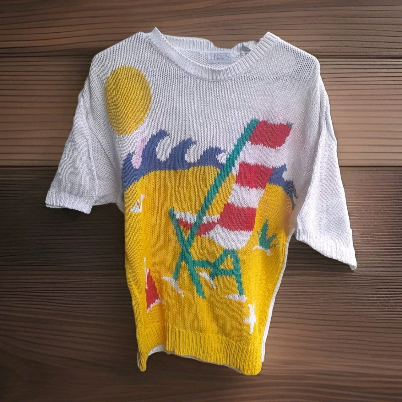 ​Vintage 80s Honors Novelty Knit Sweater, Beach Scene, Intarsia, Sun Ocean Chair