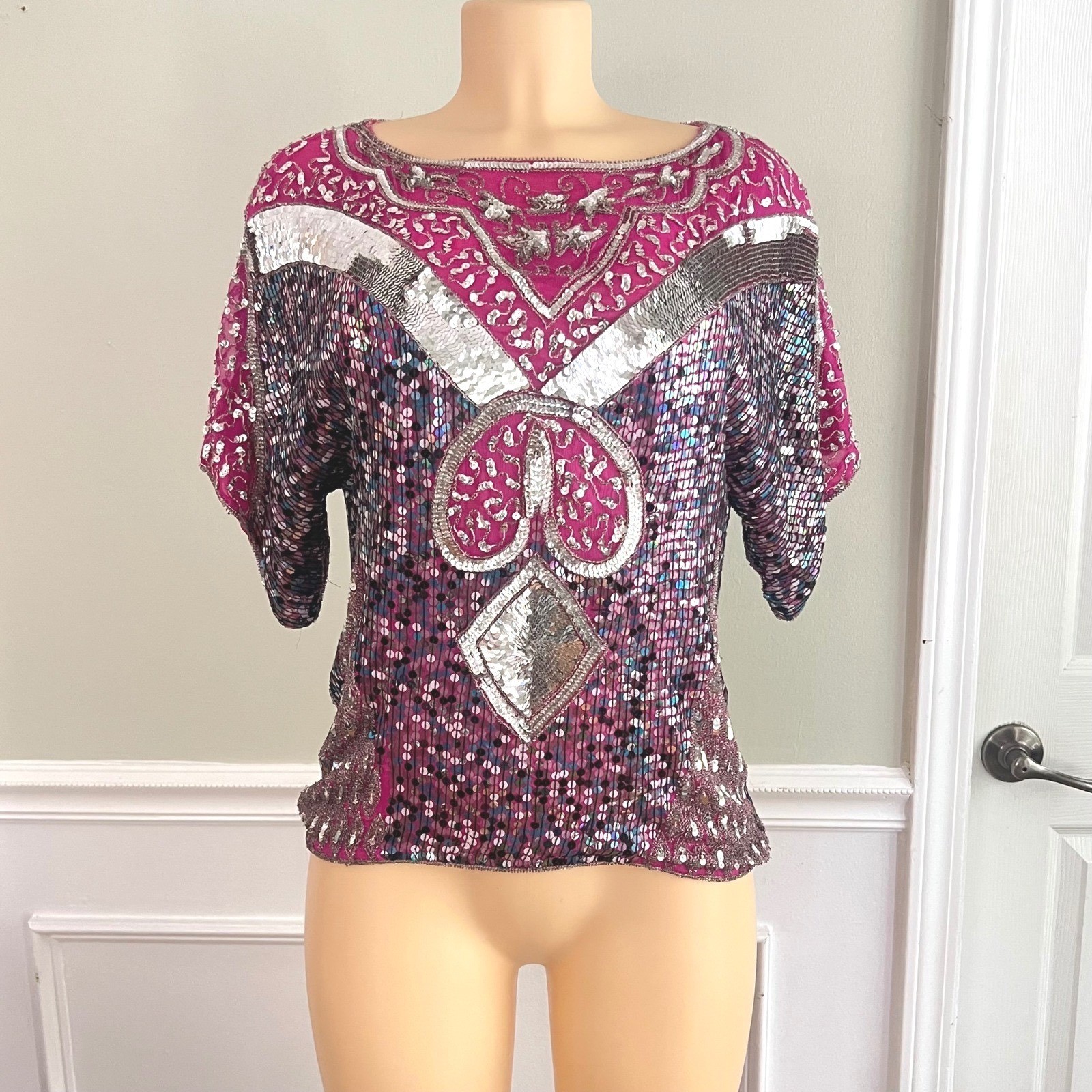 Vintage Sequin Top Women Medium Pink Silver Beaded Silk 80s Glam Disco Party