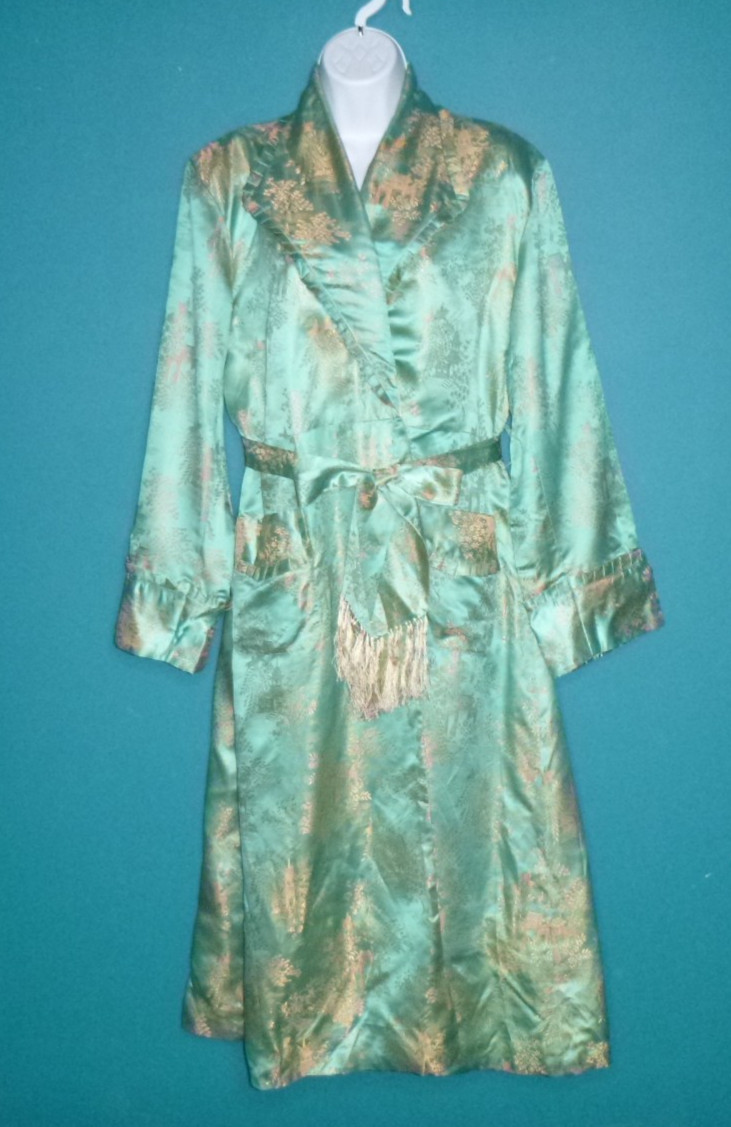 Vtg 40s 50s Aqua & Gold Satin Brocade Robe Dressing Gown Asian Motif Sz S/M