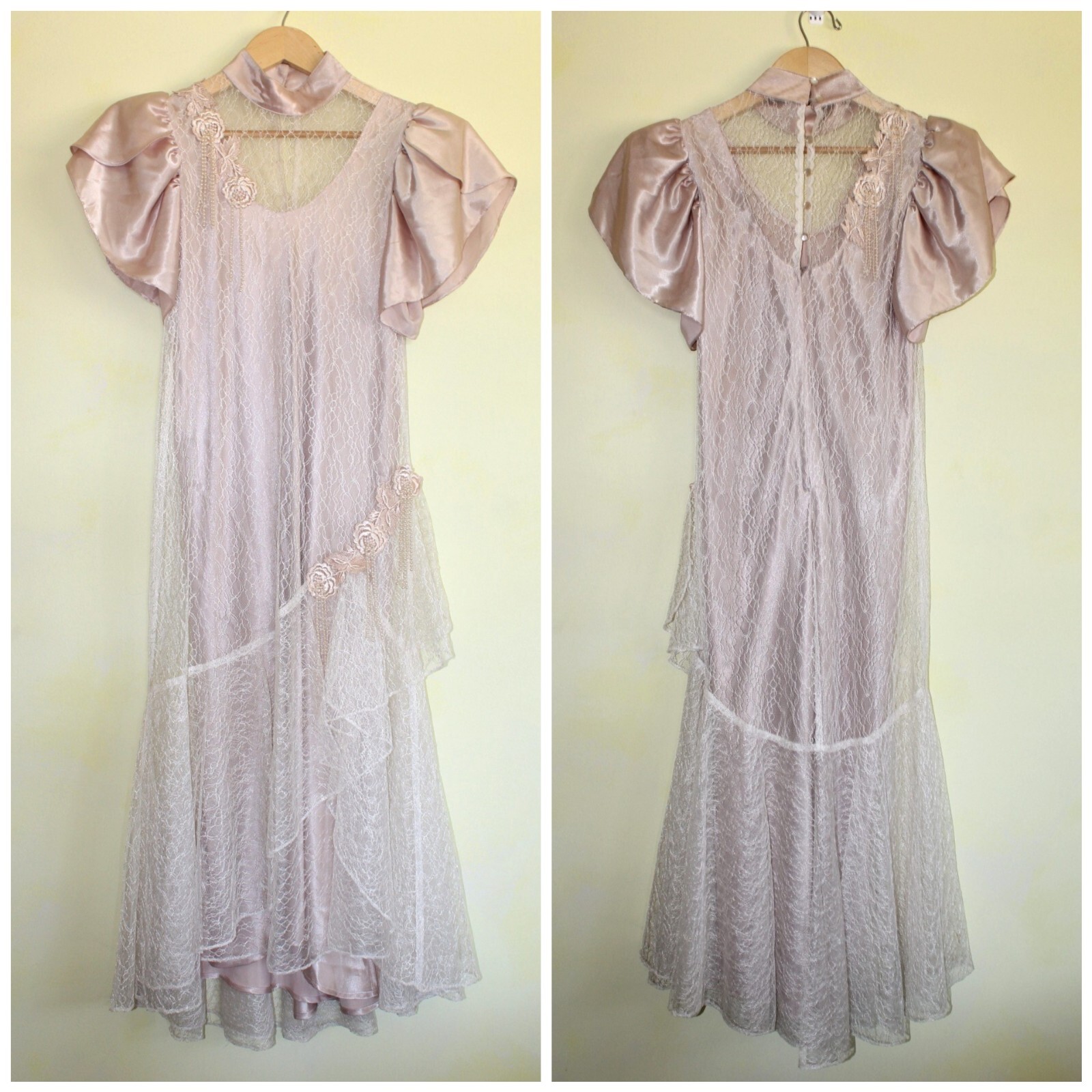 Vtg Cachet by Bari Protas Midi Lace Dress Floral Beaded 9/10 Champagne Victorian