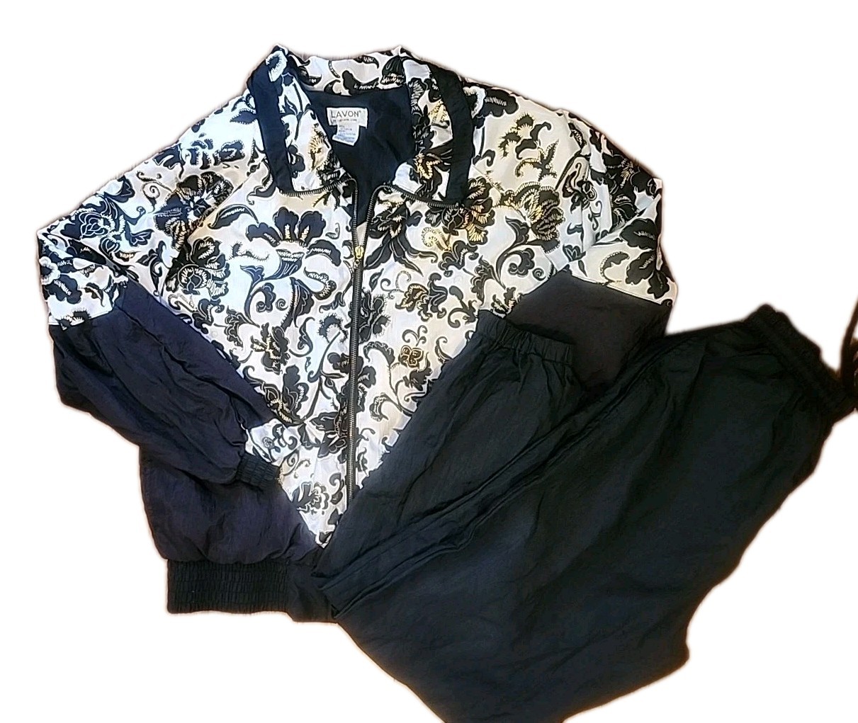 Vintage Lavon 1980-90s Tracksuit Windsuit Sz M Retro Lined Black Gold Floral