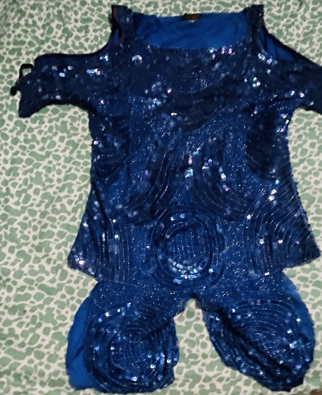 Vintage 80s Stenay India Silk Sequin Blouse Beaded Top Ladies-M Flower Leaf Blue