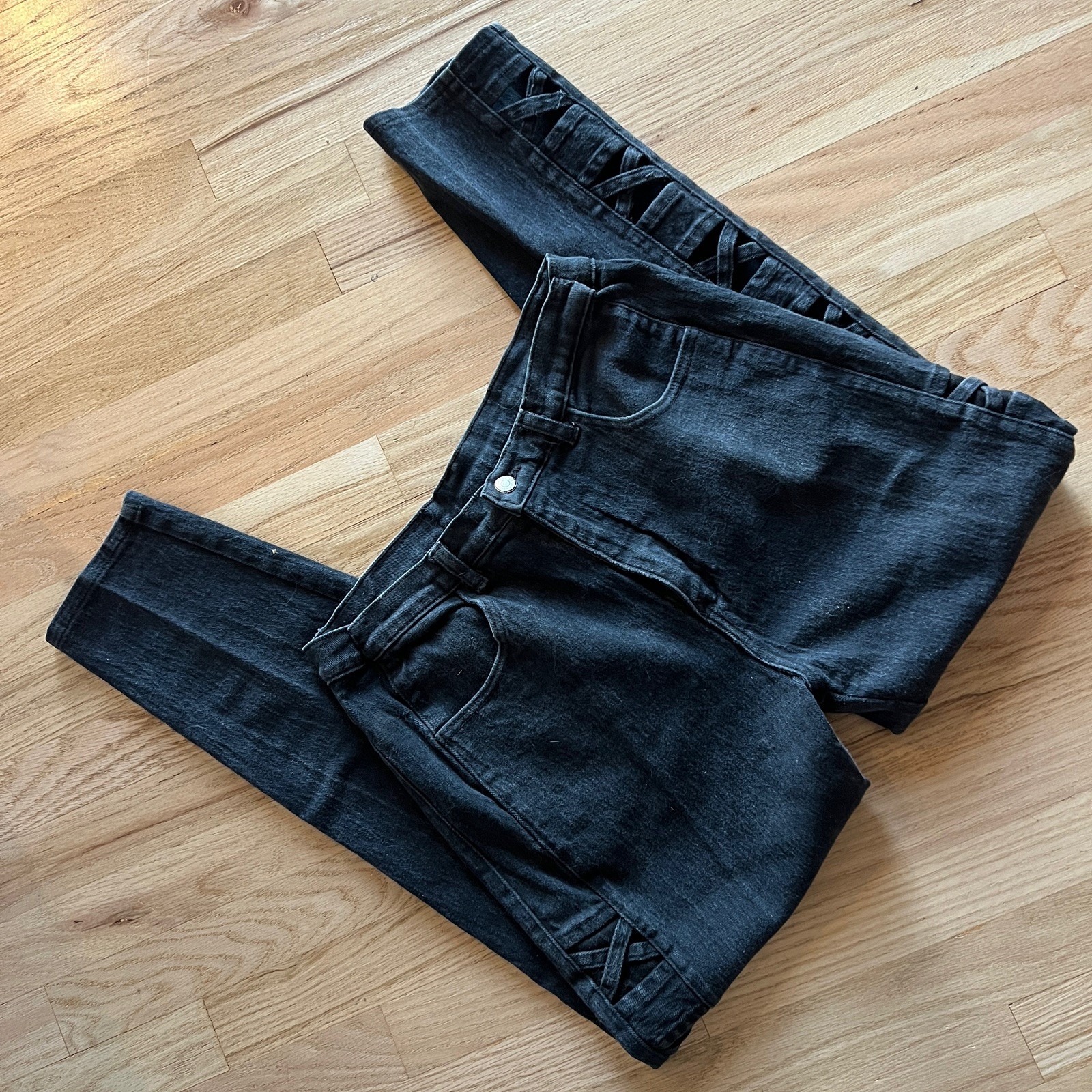 vintage 90s criss cross side lace vintage black jeans Watch LA size 19/20 USA