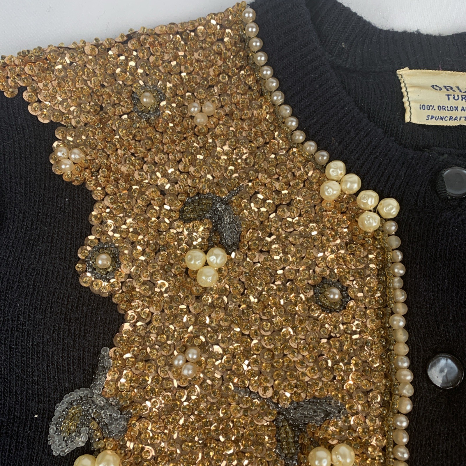 1960’s Orlon Turbo By Spuncraft Inc Black Sweater Gold Sequins, Small Sparkly