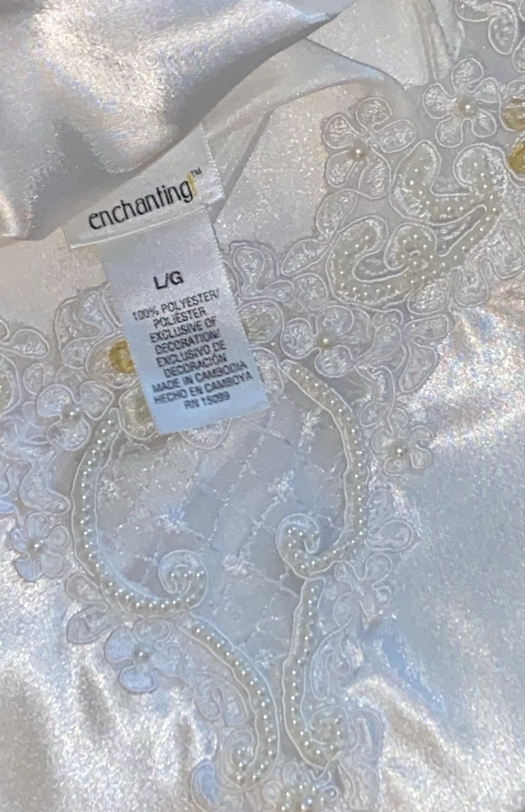 PRISTINE L BUST 38″ ENCHANTING BEADED BRIDAL WHITE PEARLS LIQUID SATIN NIGHTGOWN