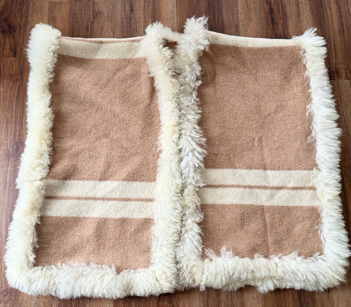 Vintage Boho Shearling Alpaca Trim Wool Cape Poncho Striped Wrap OS